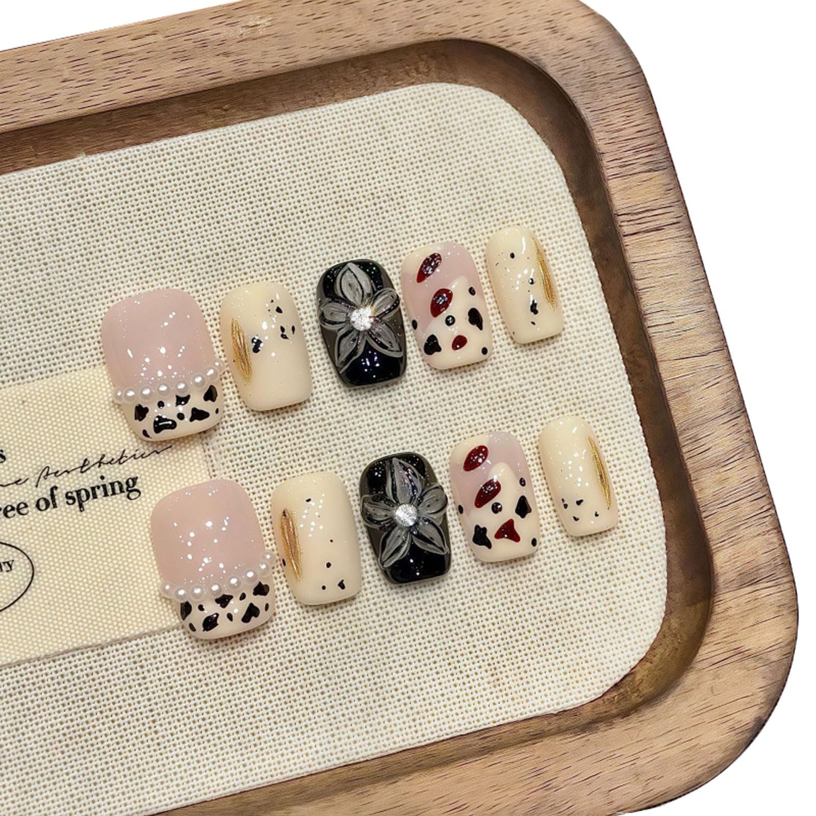 Short Square Press on Nails Handmade False Nails with 3D Designs/Charms, Cute Reusable Fake Stick on Acrylic Tips (Milky Black, Small)