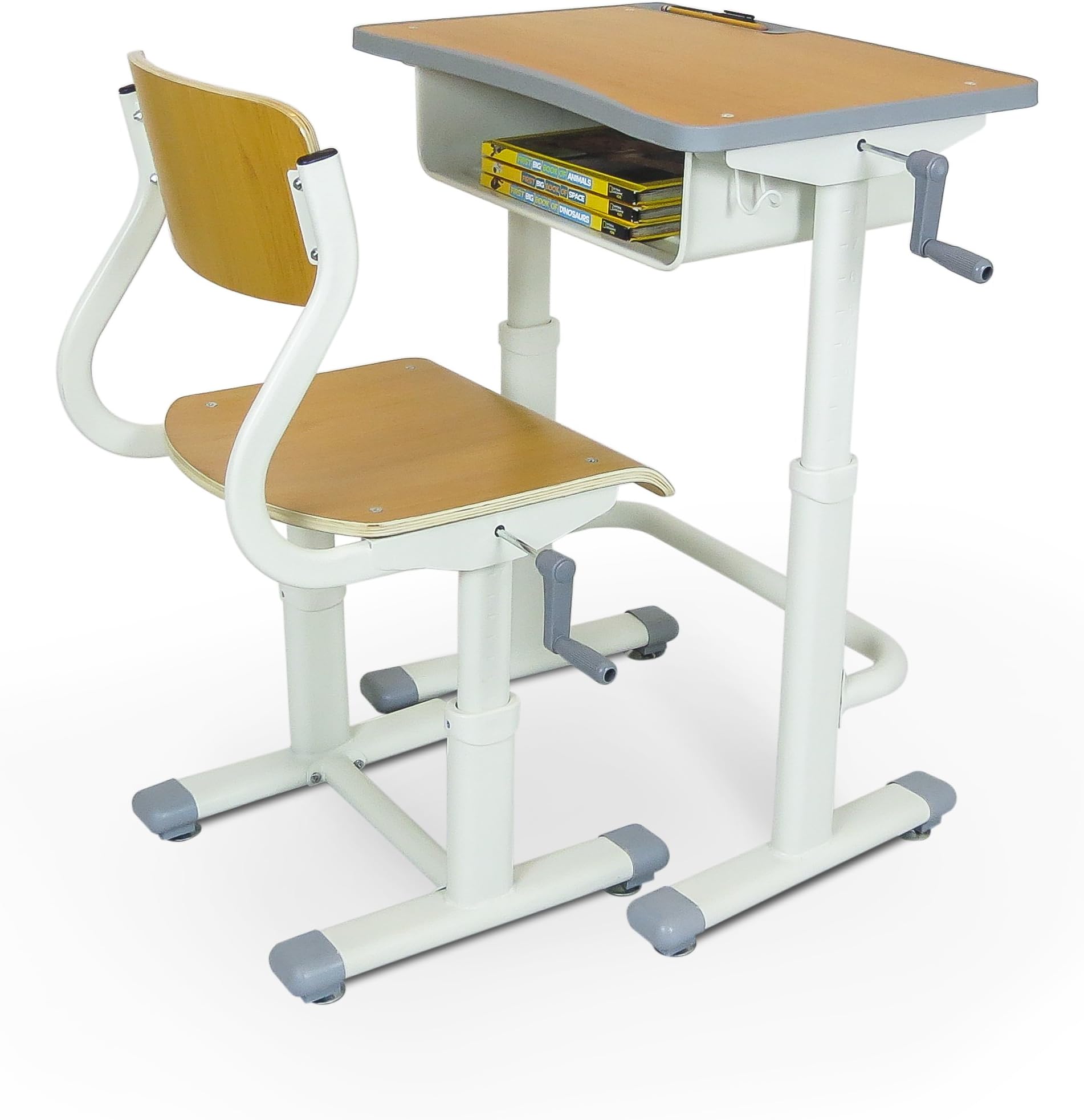 Adjustable Height Student School Desk 24 in. Wide x 16 in. Deep with Crank Handle - for Kids Ages 5 to 14 - Rises from Sit to Stand Up in Natural Plywood