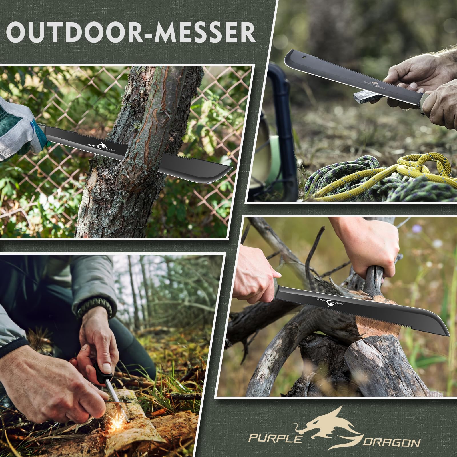 Purple Dragon Machete mit Säge und Scheide für Garten - Großes Messer Outdoor für Wald - Full Tang Messer aus einem Stück D2 Stahl gefertigt - Geschenke für Männer