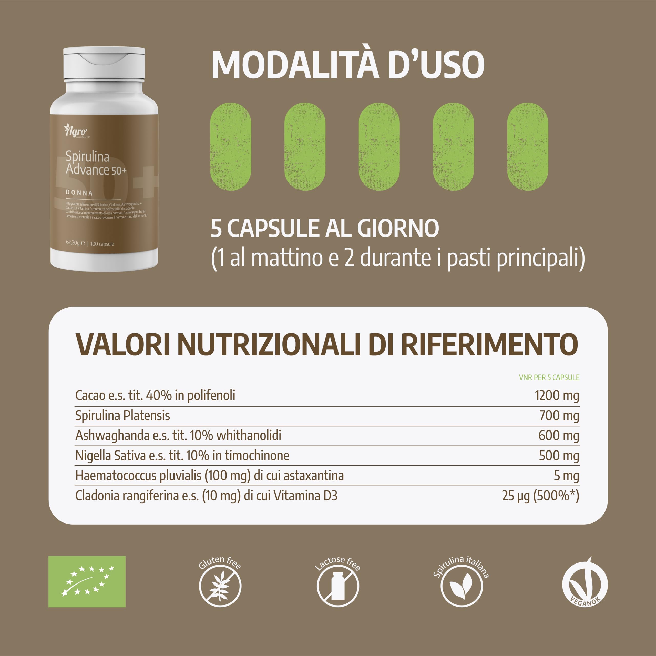 AGROINIZIATIVE ADVANCE DONNA 50+ con Spirulina Bio, Ashwagandha, Astaxantina, Vitamina D3 e Nigella Sativa, Formula Completa per il Benessere Femminile, Prodotto in Italia