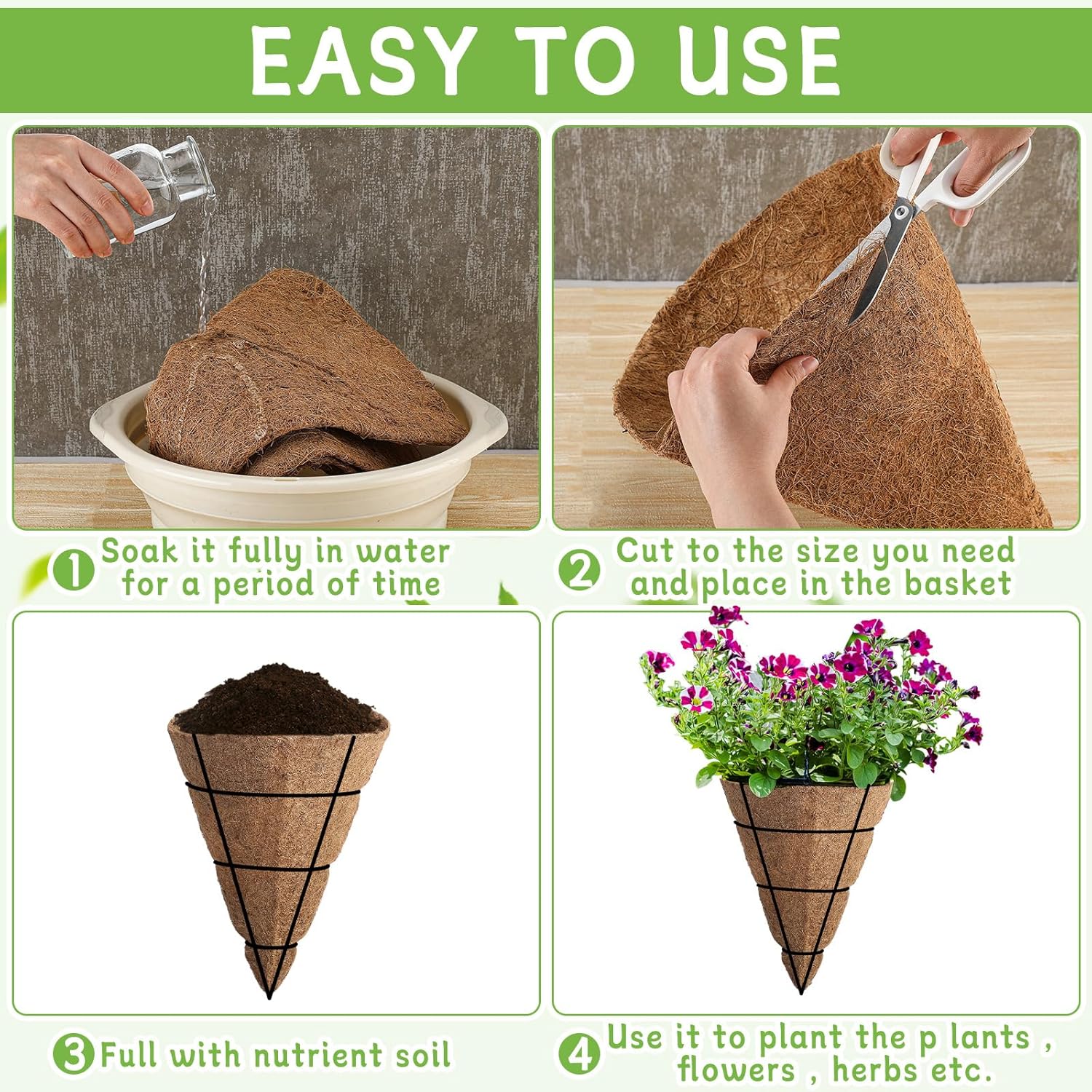 8pcs 14 Inch Cone Shaped Coconut Liners Coconut Moss Liner for Hanging Baskets Coconuts Replacement Liner for Planters Flowers Vegetables Indoor Outdoor Garden