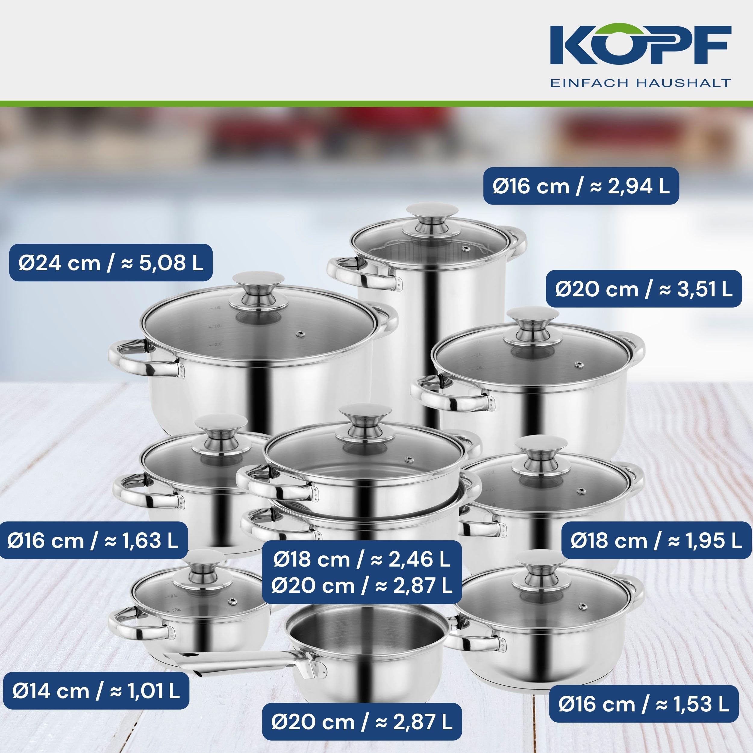 KOPF Topfset Janina 19-teilig aus Edelstahl, Induktion-Kochtopf-Set, 7X Töpfe, 1x Spargelotpf, 1x Stielkasserolle, 2X Sieb und 8X Glasdeckel