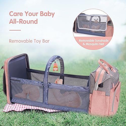 Miniatura 4 de DERJUNSTAR Bolsa de pañales, mochila para pañales para bebé con cambiador, ROSA ROSA