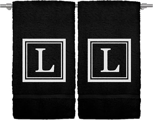 Miniatura 80 de Monogrammed Hand Towel, 16 x 30 Inches Set of 2, Personalized Gift- White Letter Embroidered with Square Design on Black Towel - Extra Absorbent