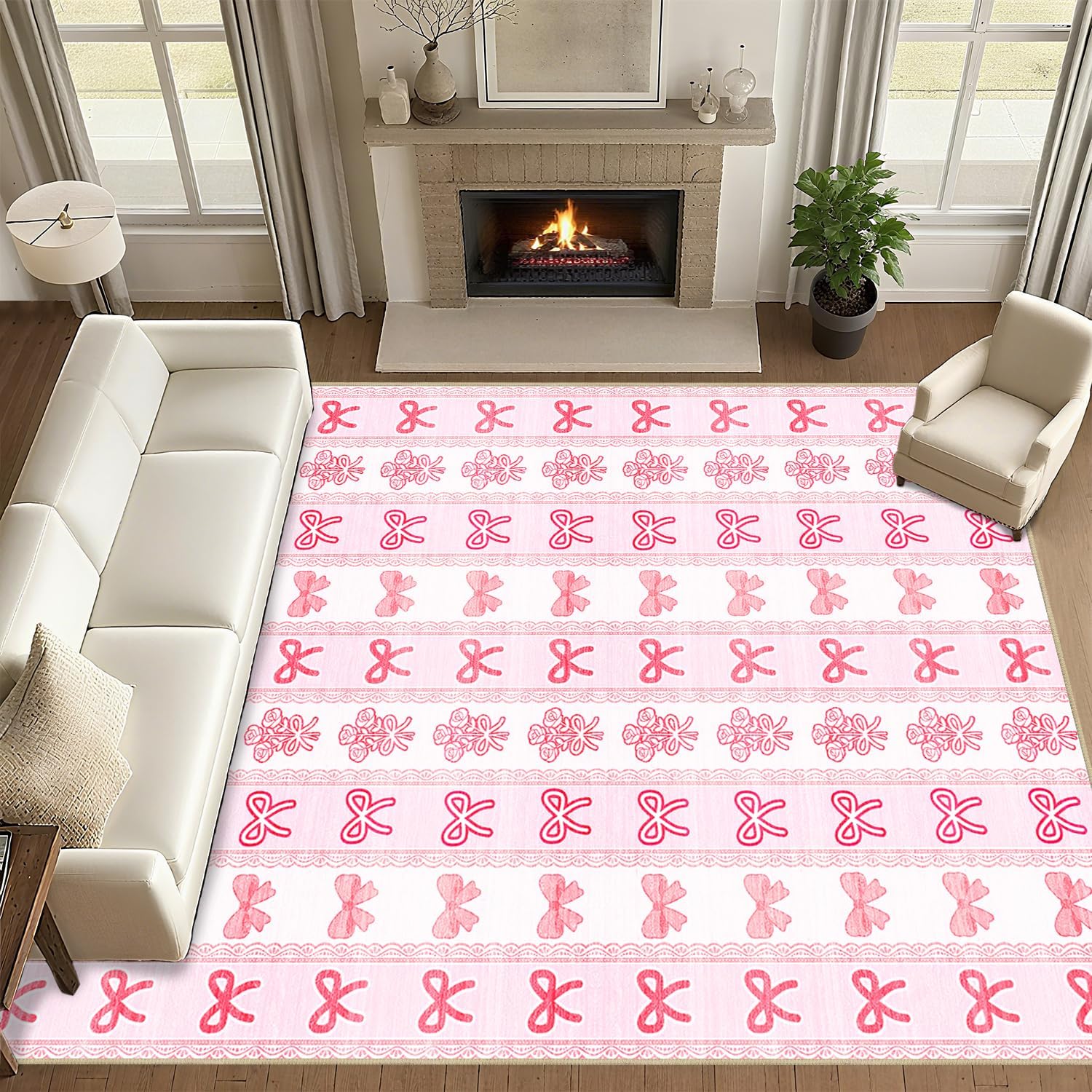 Pink Area Rug 6x9 Bow Rug Living Room Girls Rugs Machine Washable Non-Slip Printed Low-Pile Floor Carpet for Bedroom Dining Room Office Vanity Nusery