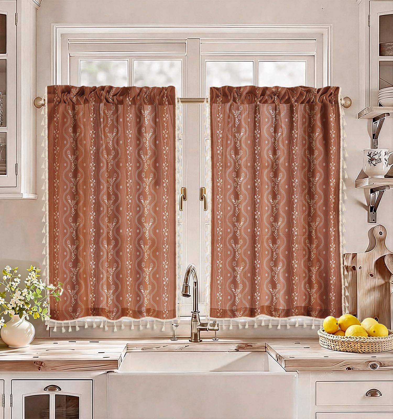 Miss Adola Boho Kitchen Tier Curtains, 36 Inch Length, Terracotta Floral