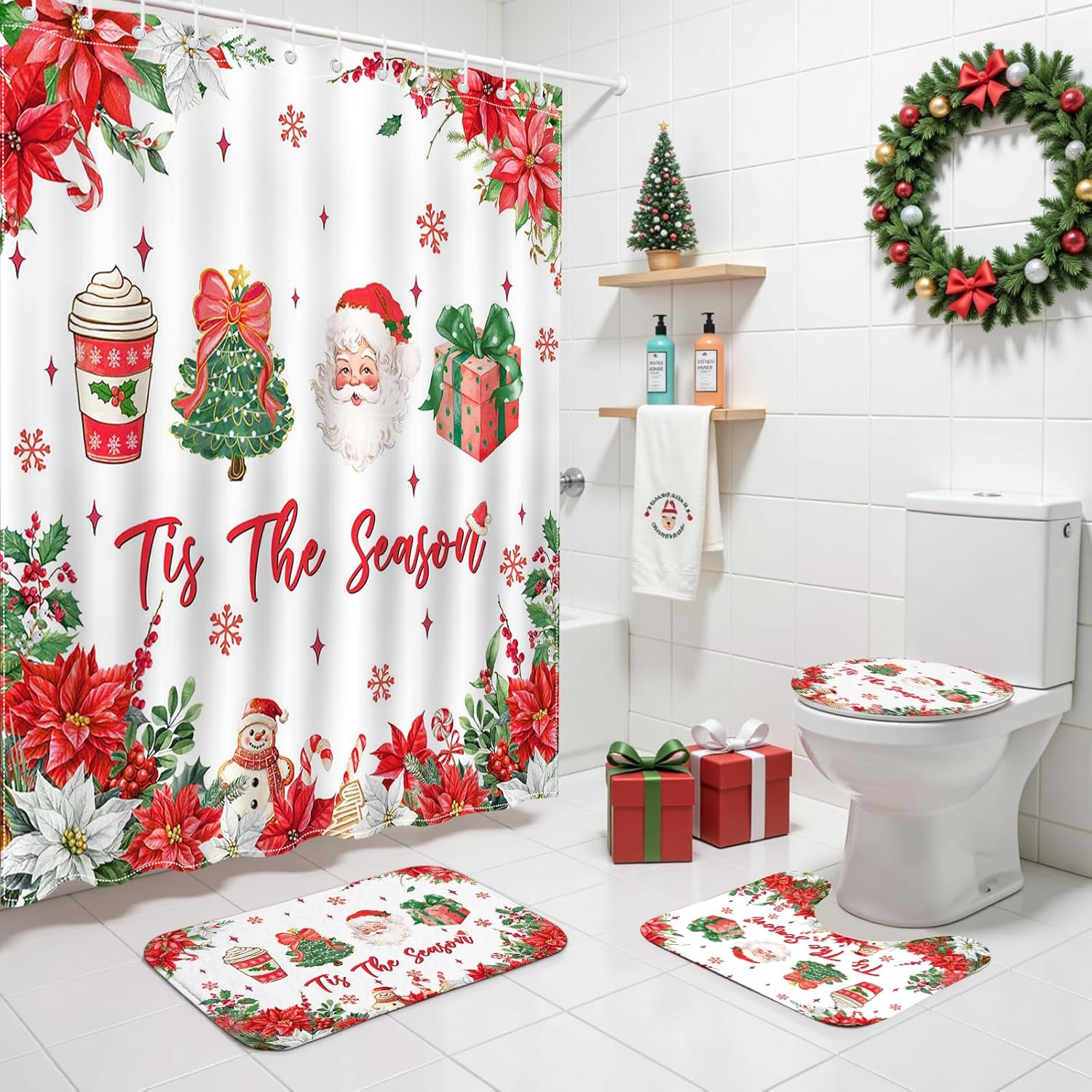 Mocsicka 4Pcs Christmas Shower Curtain Set Cute Santa Claus Pink Floral Xmas Trees Bow Snowflake Shower Curtain Set Bathtub Bath Mat Toilet Lid Cover for Christmas Bathroom Decor