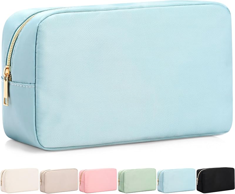 Haze Blue Nylon Large Makeup Bag Travel Cosmetic Bag Pouch Essentials Cute Make Organizer Storage Purse for Birthday Wedding Gifts Back to School Essentials