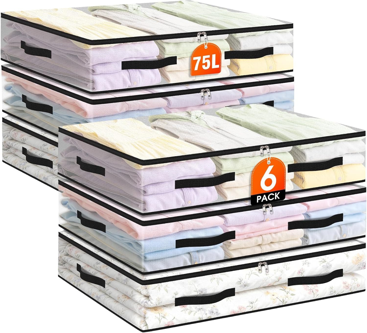 6 Pack Under Bed Storage Bags, 75L Foldable Clear Containers with Handles