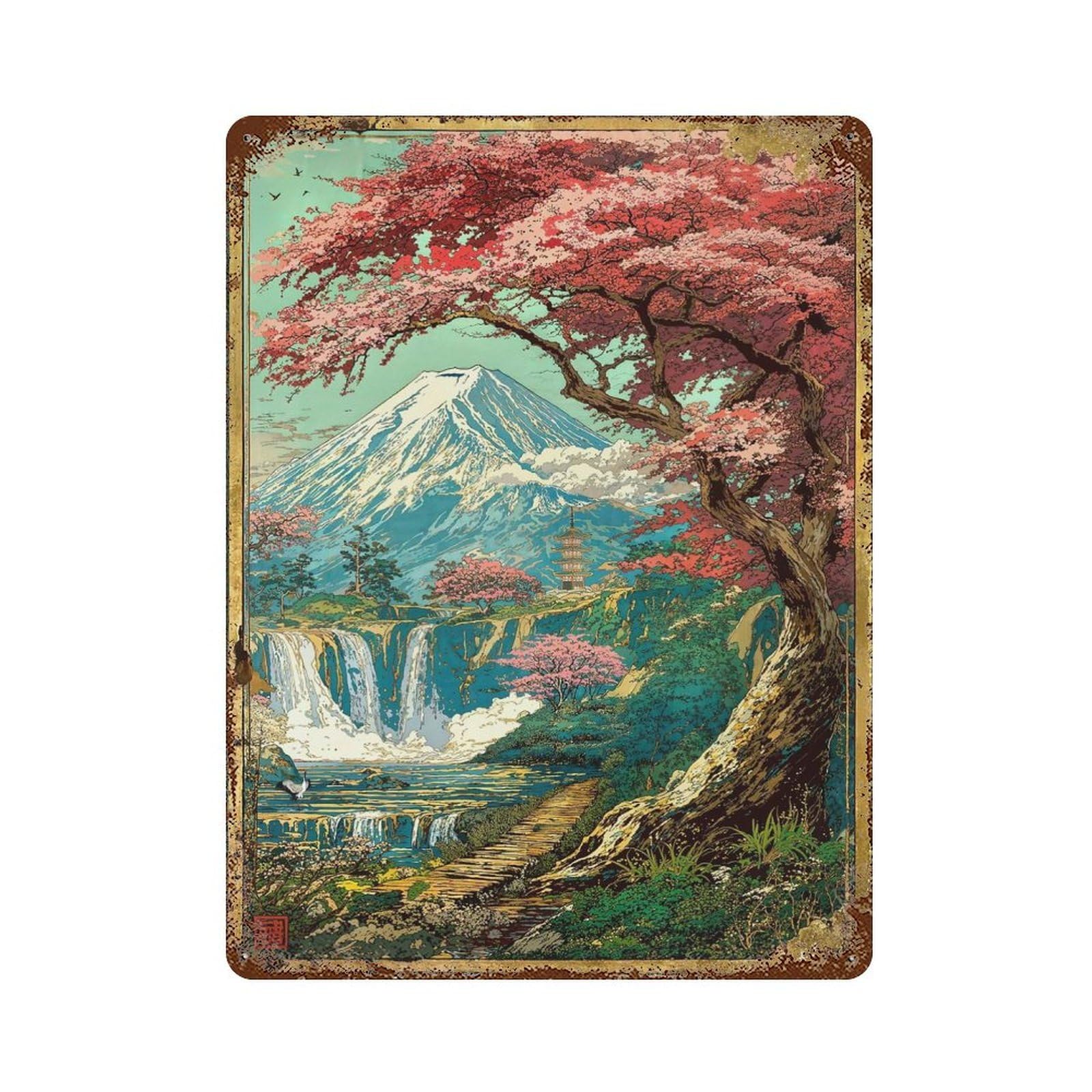 Rust Effect Horizon of The Fuji Sakura Shrine Rusty Metal Tin Sign 15.7"x11.8", Old School Wall Decor for Basement, Hobby Room And Garage Decor