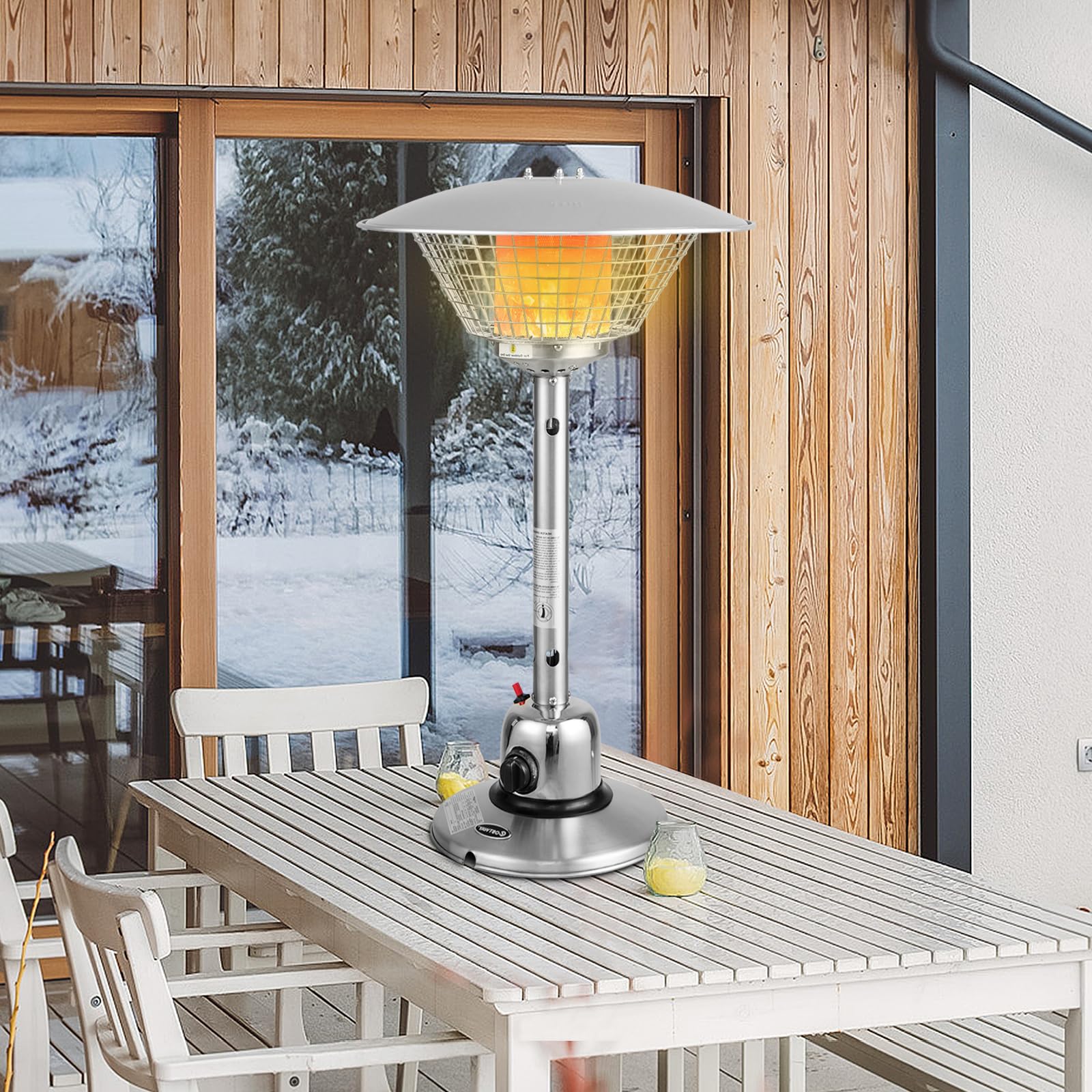 SOARS Parasol Chauffant Gaz 4000W, Chauffage d’Extérieur Portable sur Table, avec Rayon Thermique de 1,37 M, Tempétature Réglable, Tuyau de Gaz 2M, pour Terrasse, Jardin, Cour (Argenté)