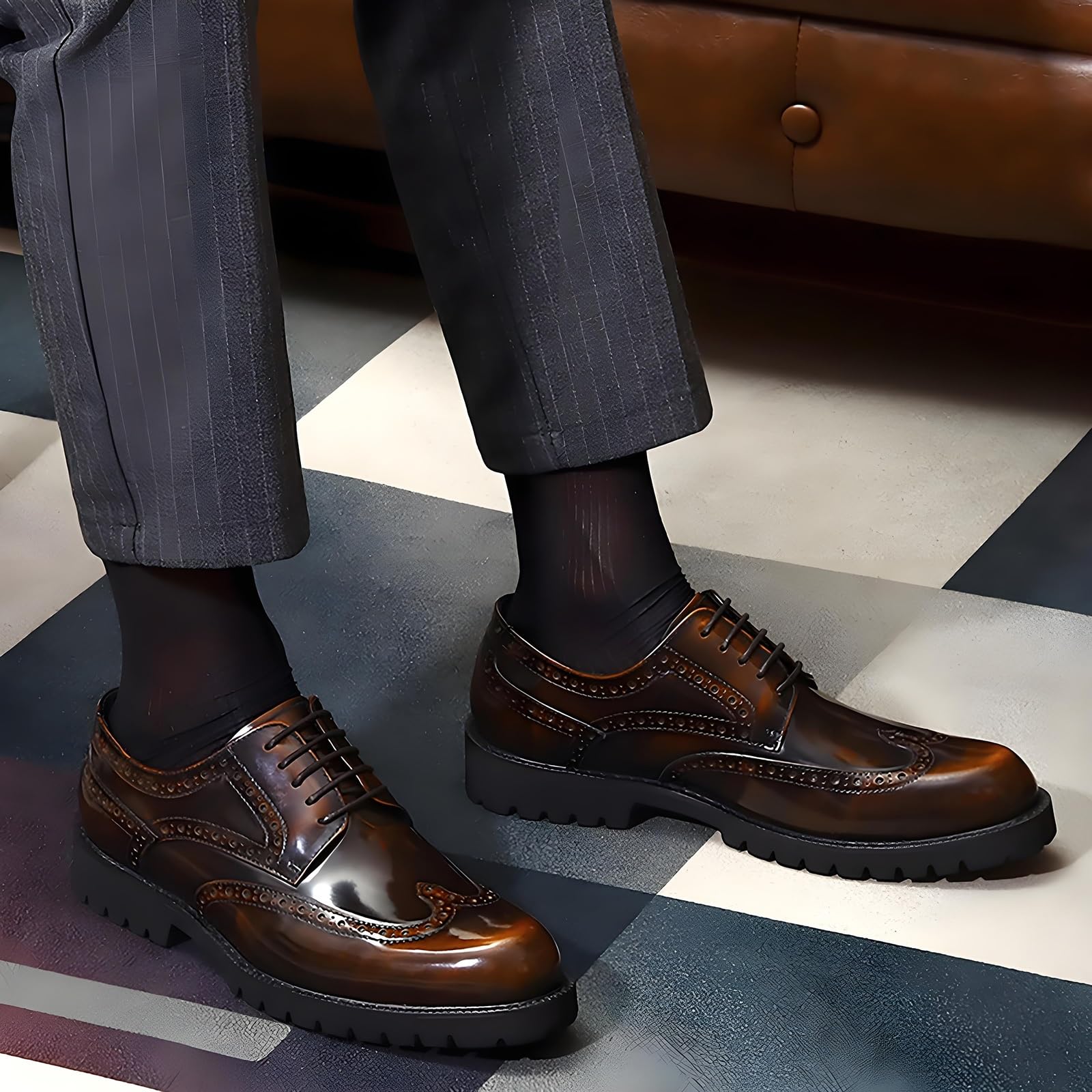 Męskie formalne buty Oxford z ozdobnymi detalami, oddychająca skórzana podszewka i antypoślizgowa podeszwa do stroju biznesowego i na profesjonalne okazje, Brązowy, 38.5 EU