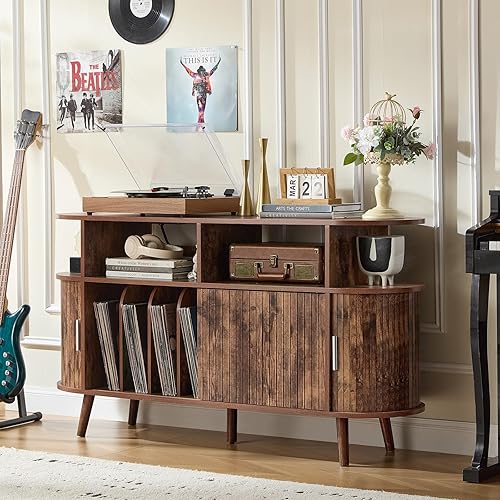 Miniatura 5 de LELELINKY Soporte redondo grande para tocadiscos con estación de carga y panel estriado, gabinete giratorio moderno de mediados de siglo marrón con