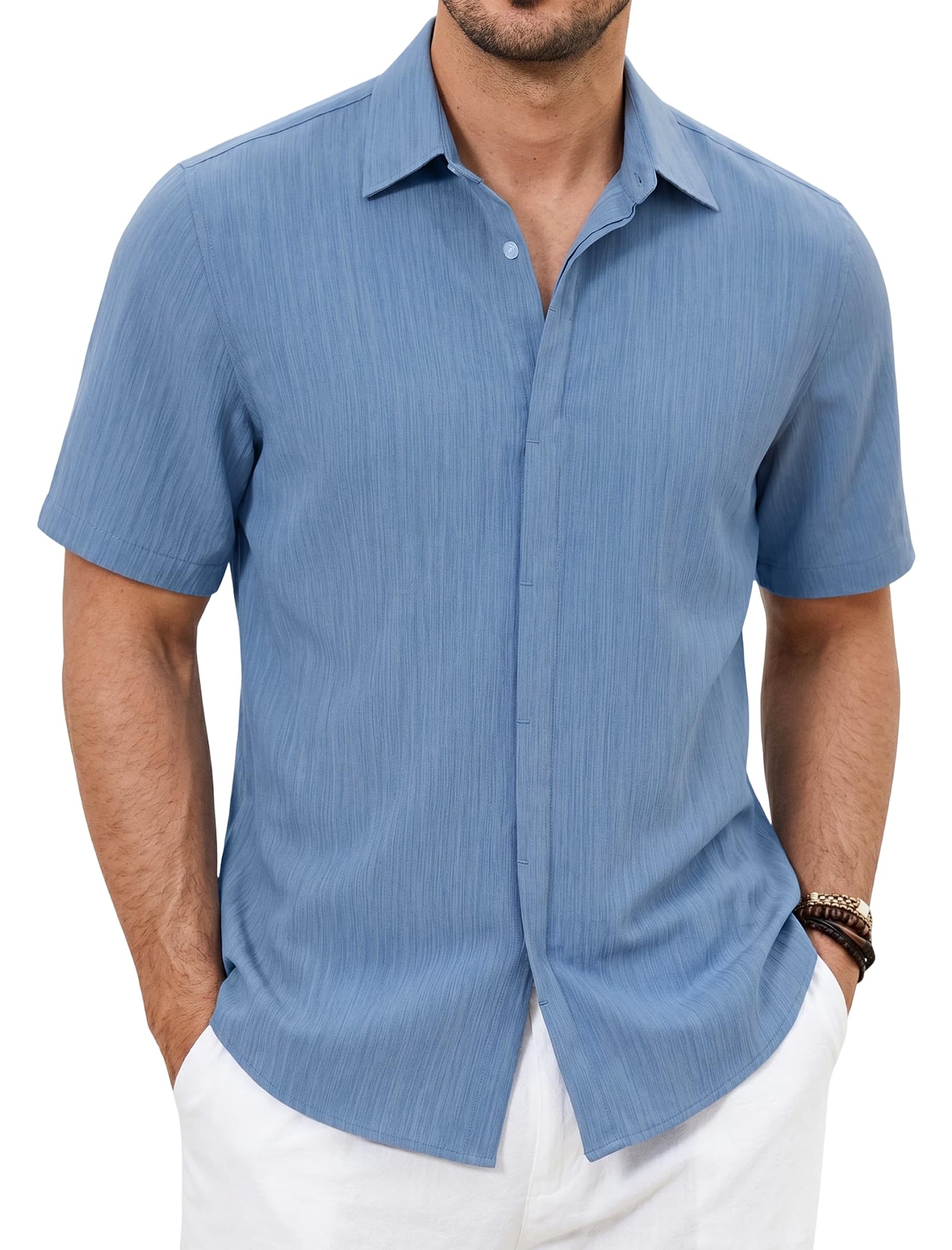 Enlision Camisa Hombre Mangas Cortas Casual Verano Camisas para Hombres Cuello con Solapa Oculta Ajuste Regular Casuales Shirts