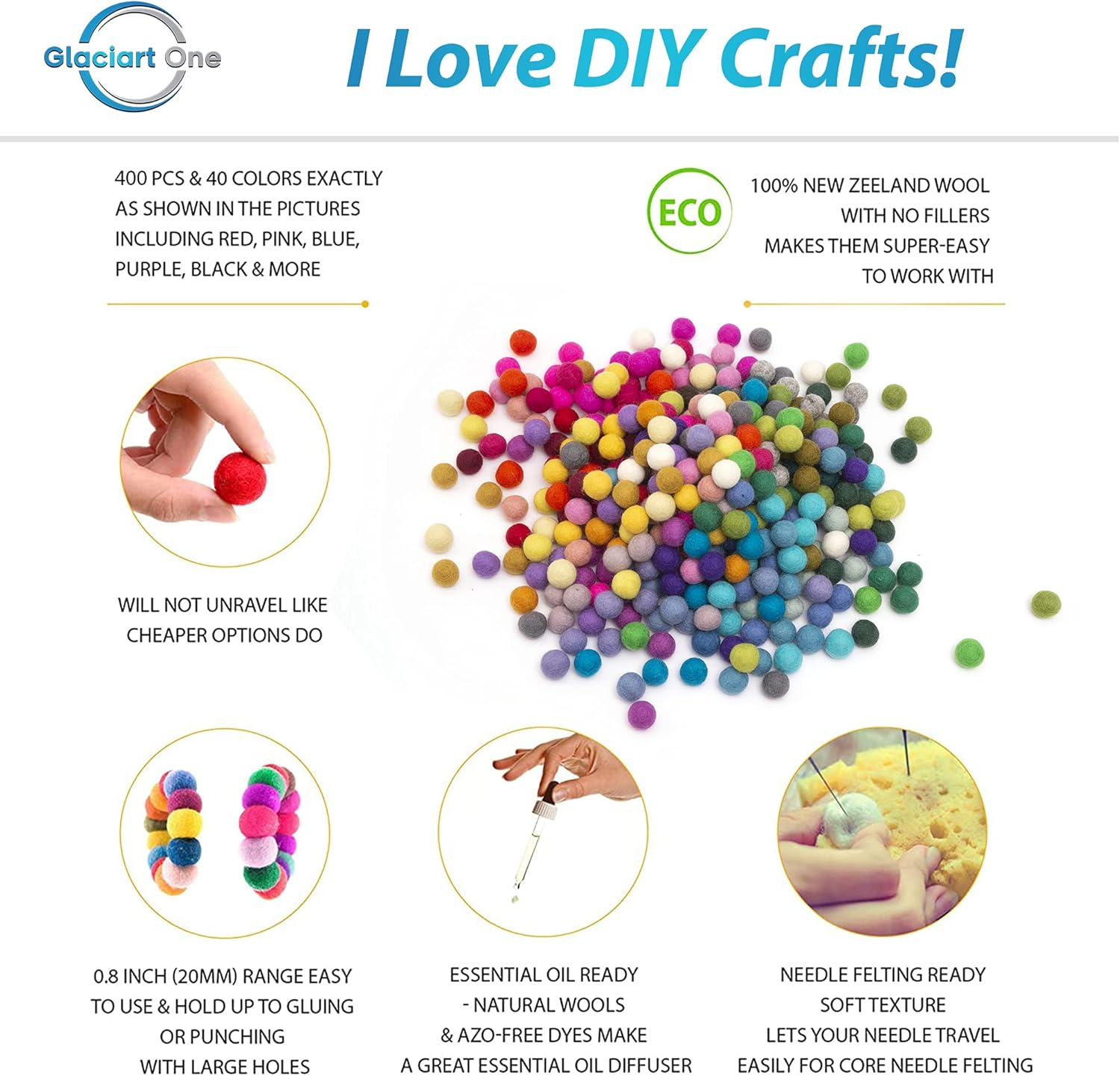 Glaciart One Felt Pom Poms, Wool Felt Balls (400 Pieces) 2 cm – 0.8 Inch, Handmade Felted 30 Color (Red, Pink, Blue, Yellow, Black, White, Pastel and More) Bulk Small Puff for Felting and Garland