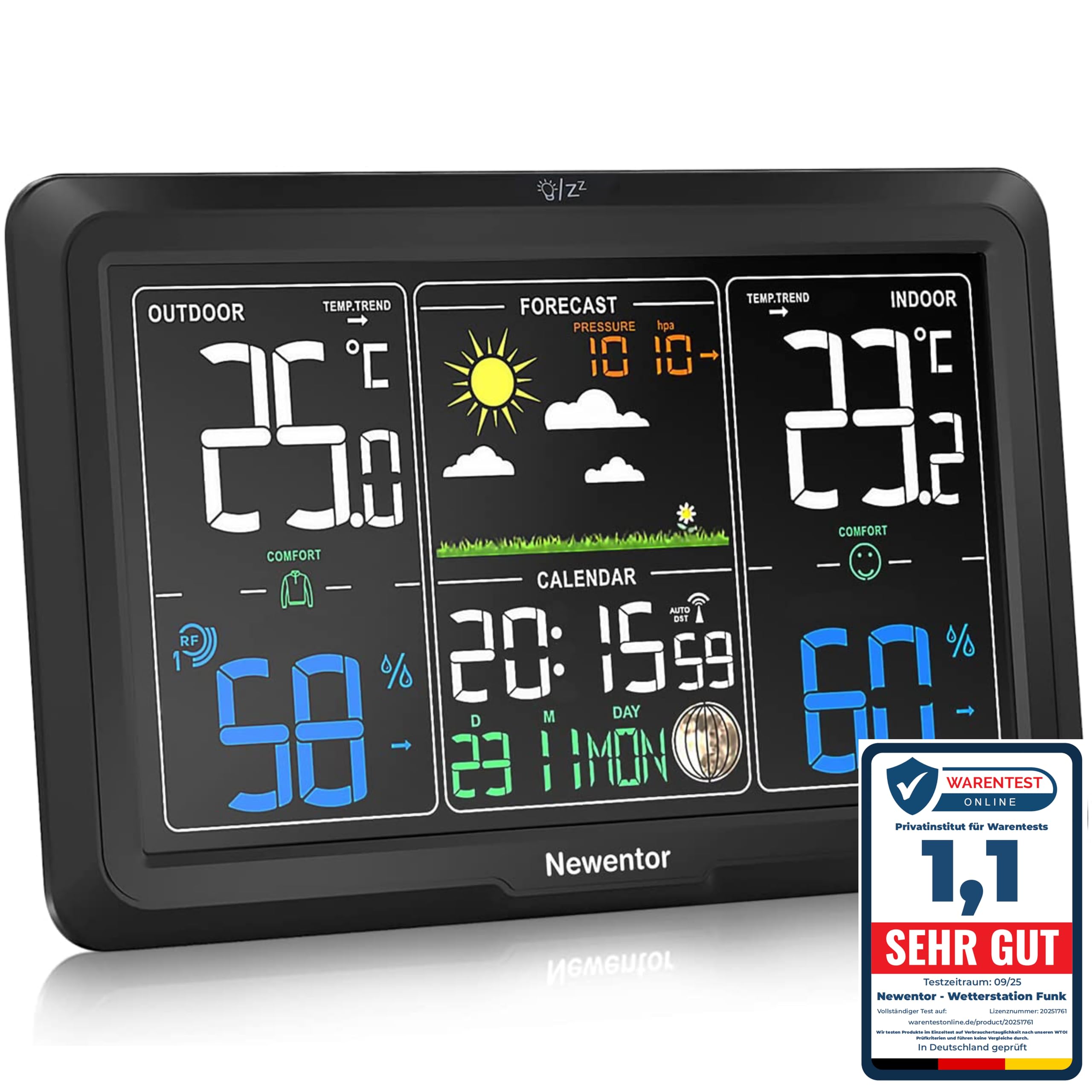 Newentor Wetterstation Funk mit Außensensor - Lebenslange Außensensor-Garantee - Lebendiges VA-Display für 330°Ablesbarkeit - Dauerhafte Beleuchtung, Schwarz