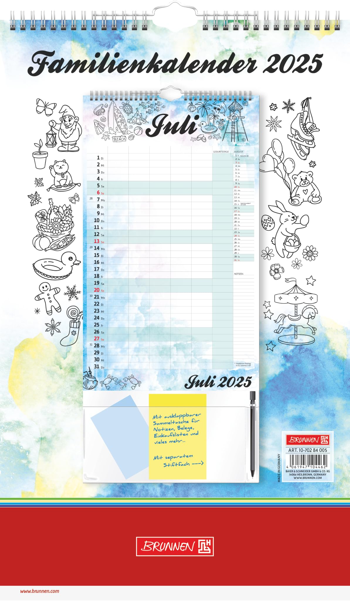 BRUNNEN Family Calendar (2025) "Watercolour", 1 Page = 1 Month, 12 Sheets