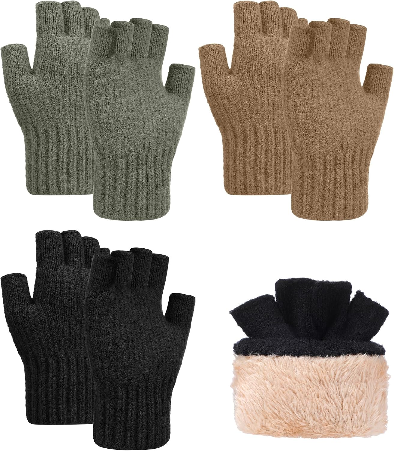 Shihanee 3 Pairs Winter Warm Fingerless Gloves for Men Thermal Fleece Lined Knitted Half Finger Gloves for Cold Weather Gift