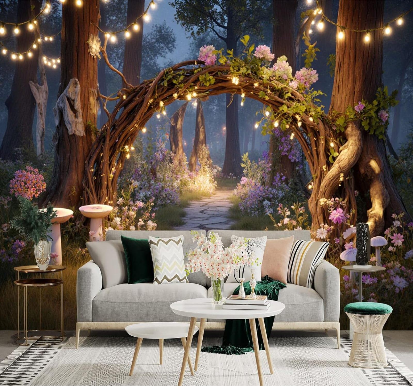 Xlming 300Cm×210Cm(B×H) Beautiful Flower Adorned Lanterns Stone Paved Path Forest Night Scene 3D Wallpaper Premium Textured Silk Study Dining Living Room Bedroom Sofa Tv Wall Easy Install-300Cm×210Cm