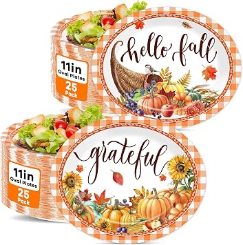 50 PCS Fall Paper Plates Thanksgiving Oval Paper Plates Pumpkin Orange Plaid Disposable Supplies Harvest Rustic Farmhouse Tableware Autumn Oval Dinnerware Set for Dinner Kitchen Party Decorations