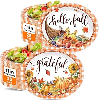 50 PCS Fall Paper Plates Thanksgiving Oval Paper Plates Pumpkin Orange Plaid Disposable Supplies Harvest Rustic Farmhouse Tableware Autumn Oval Dinnerware Set for Dinner Kitchen Party Decorations