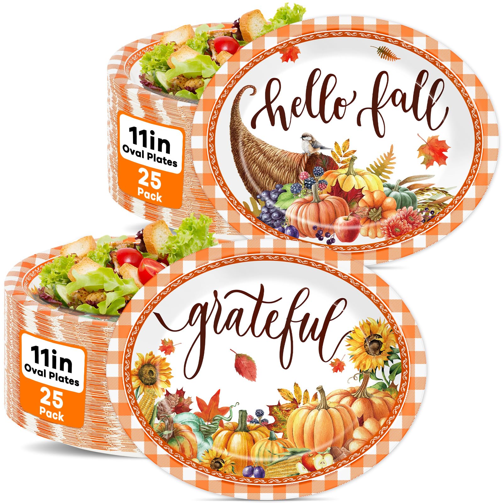 50 PCS Thanksgiving Paper Plates Fall Oval Paper Plates Pumpkin Orange Plaid Disposable Supplies Harvest Rustic Farmhouse Tableware Autumn Oval Dinnerware Set for Dinner Kitchen Party Decorations
