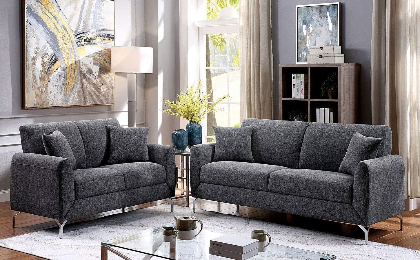 Lasi 3 Pieces Transitional Style Sofa Set Upholstered in Gray Linen-Like Fabric