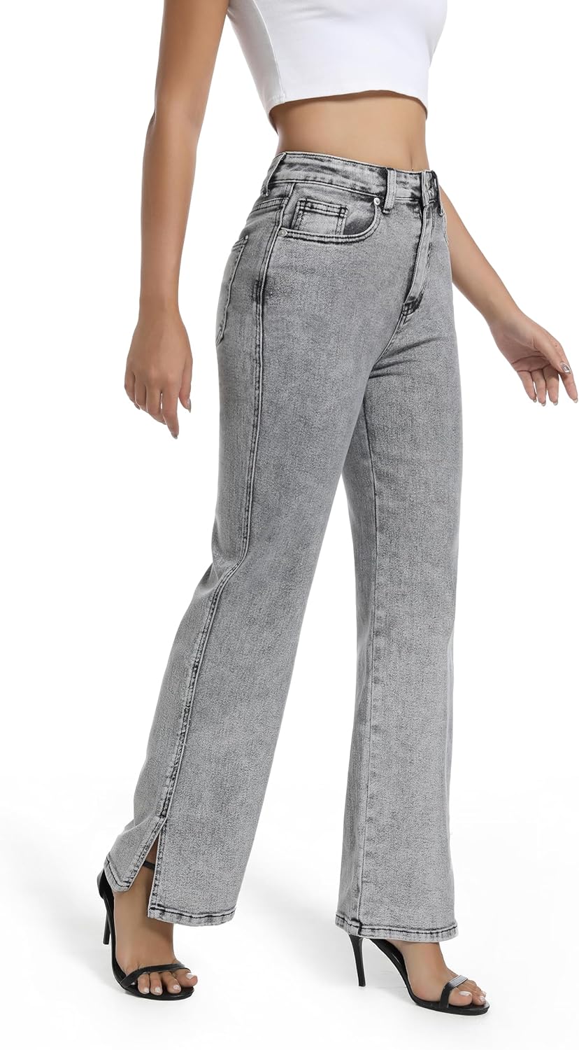 Womens Jeans High Waisted Stretchy Straight Leg Split Hem Jeans for Women Trendy Classic Denim - Image 5