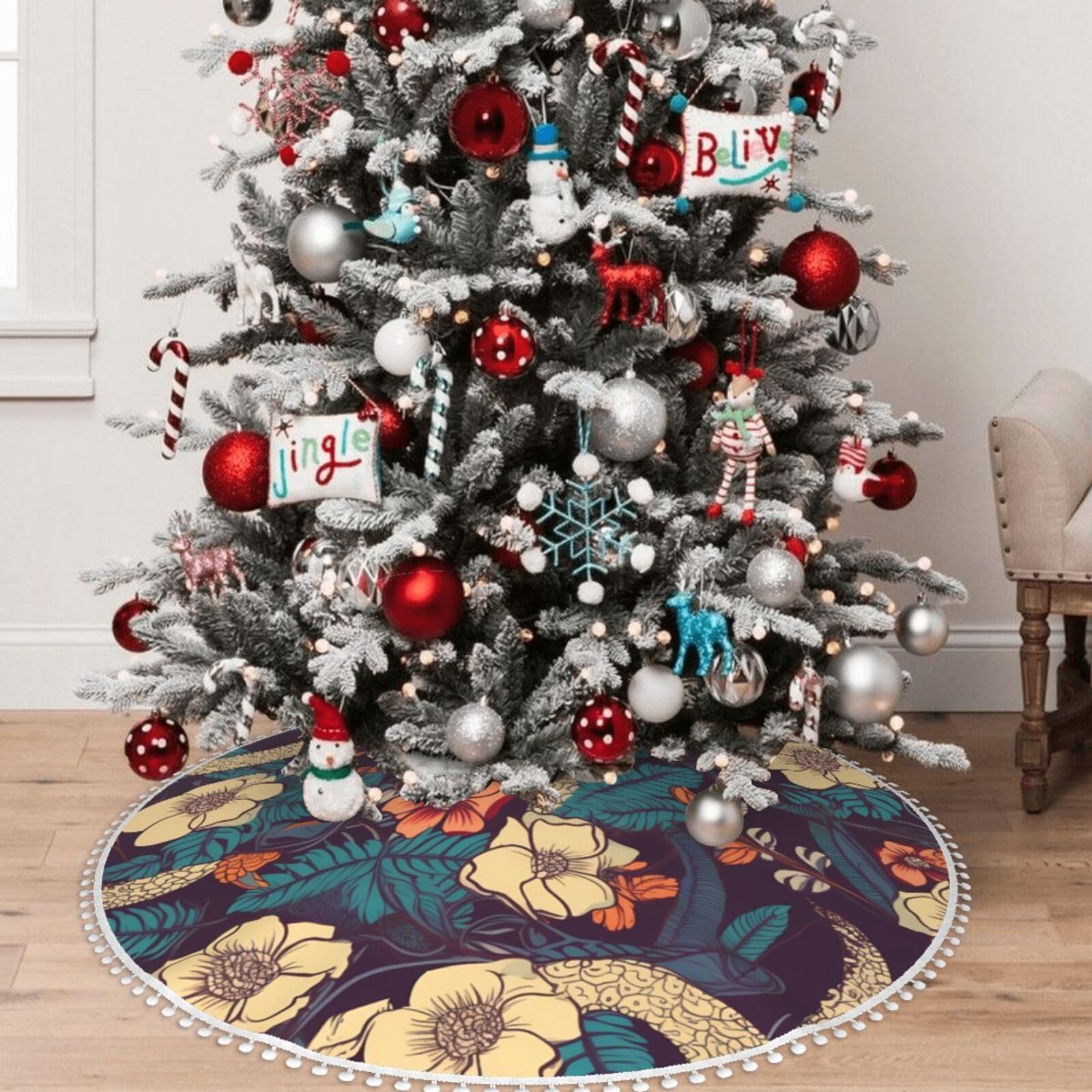 Jupe de sapin de Noël double couche 122 cm tapis rustique à pompons et fleurs