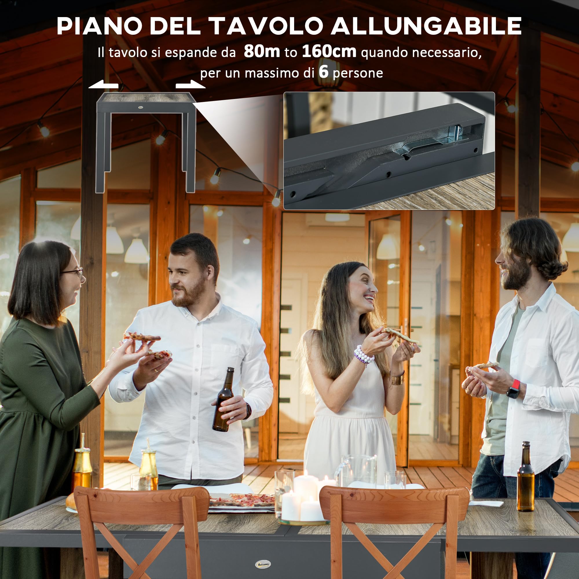 Outsunny Tavolo da Giardino Allungabile da 80/160x80x75 cm, Tavolo da Esterno Estensibile per 6 Persone Rettangolare in Alluminio con Piano Plastica, Per Patio, Terrazzo, Balcone ed Esterno, Beige