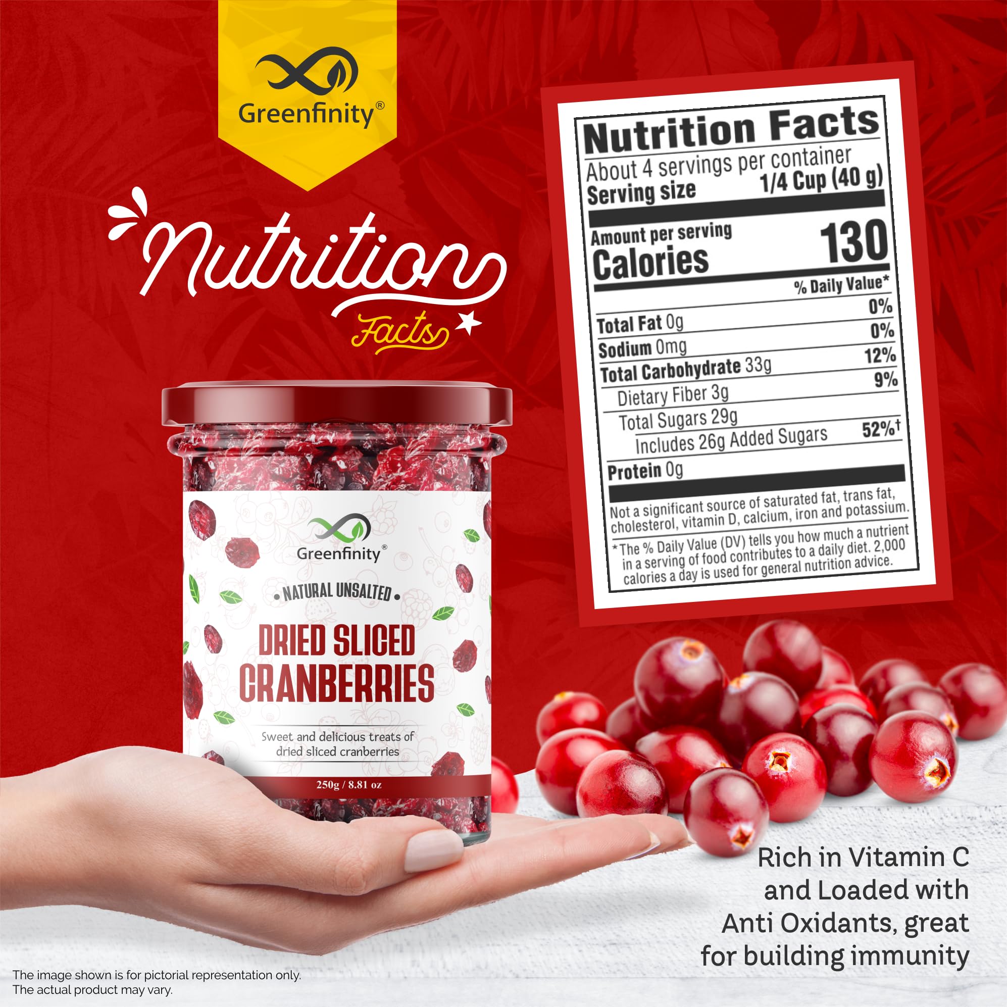 GreenFinity Dried Sliced Cranberries 250 Gram - Antioxidant-Rich, Energy-Boosting Healthy Snack Cranberry - Image 6 thumbnail