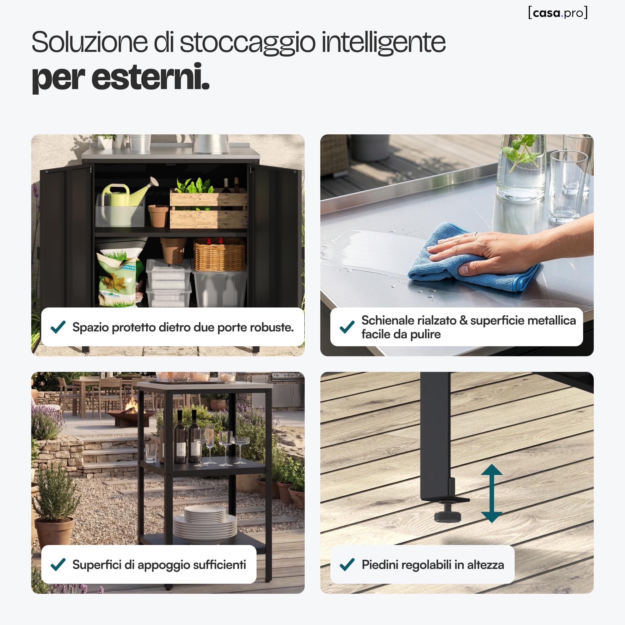 casa.pro Set di Mobili Organizzatori da Esterno Composto di Armadio da Giardino e Bancone in Acciaio con Ripiani Piedini Regolabili per Livellare - Grigio/Nero Opaco