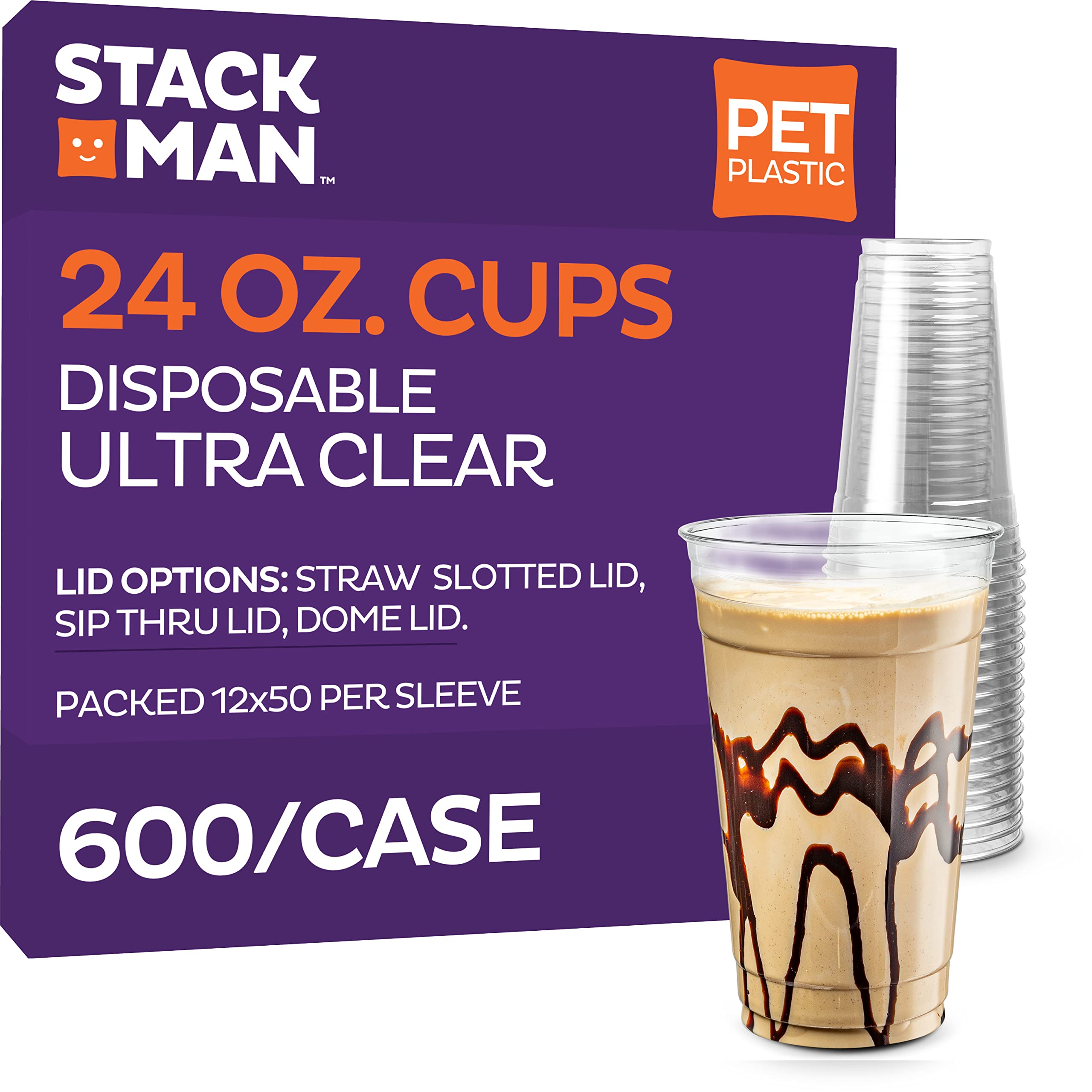 Stack Man [600 Pack - 24 oz.] Ultra-Clear PET Disposable Plastic Cups - Party Drinking Cups - (Case of 12x50) Great Use for Cold Coffee, Shakes, Smoothies, Juices, Beer, Iced Tea -
