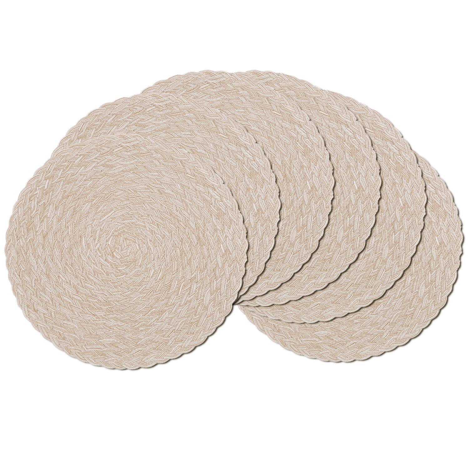 SHACOS Round Braided Placemats 15 inch Set of 6 Thick Boho Kitchen Table Placemats for Home Wedding Party (T-Beige, 6)