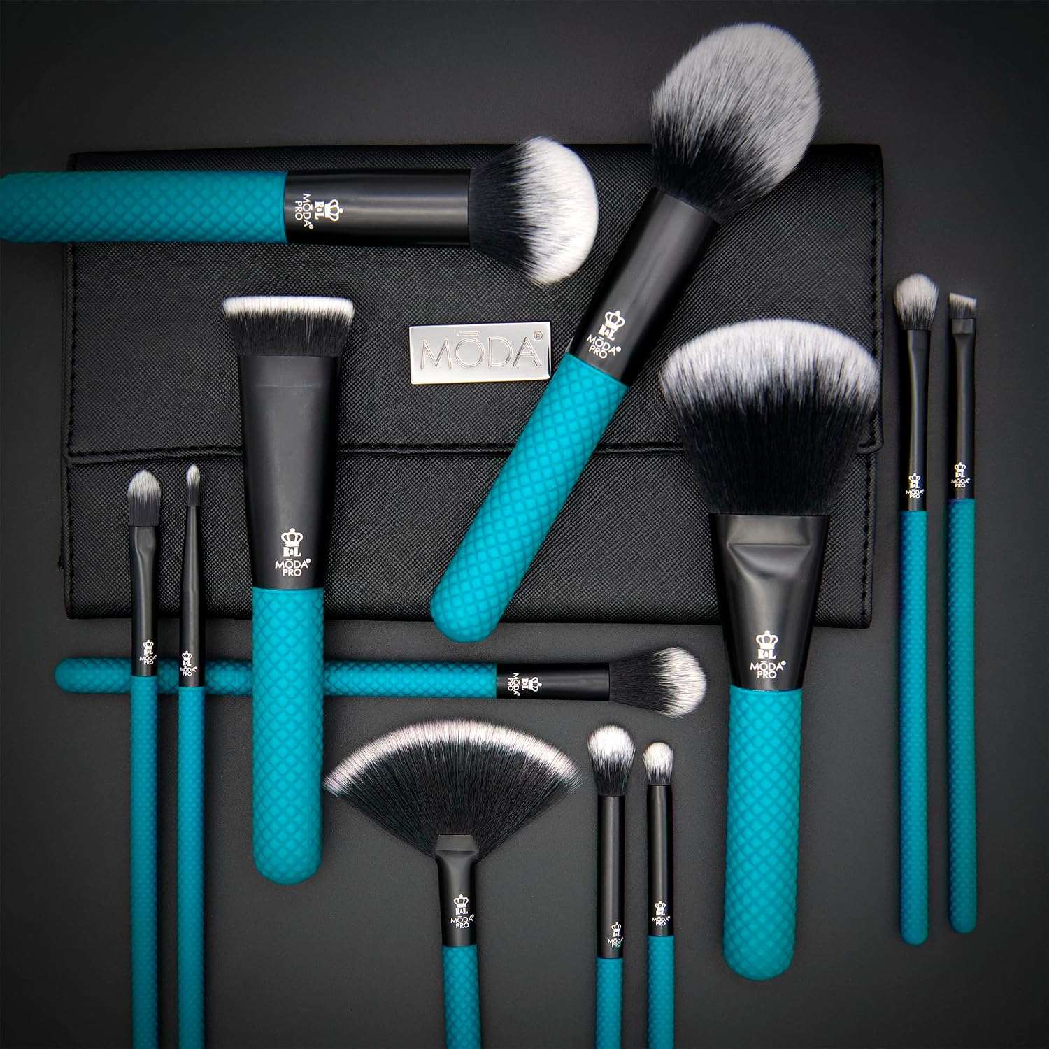MODA Pro Full Face 13-Piece Teal Makeup Brush Kit – Professional Face & Eye Brush Set with Travel Wrap