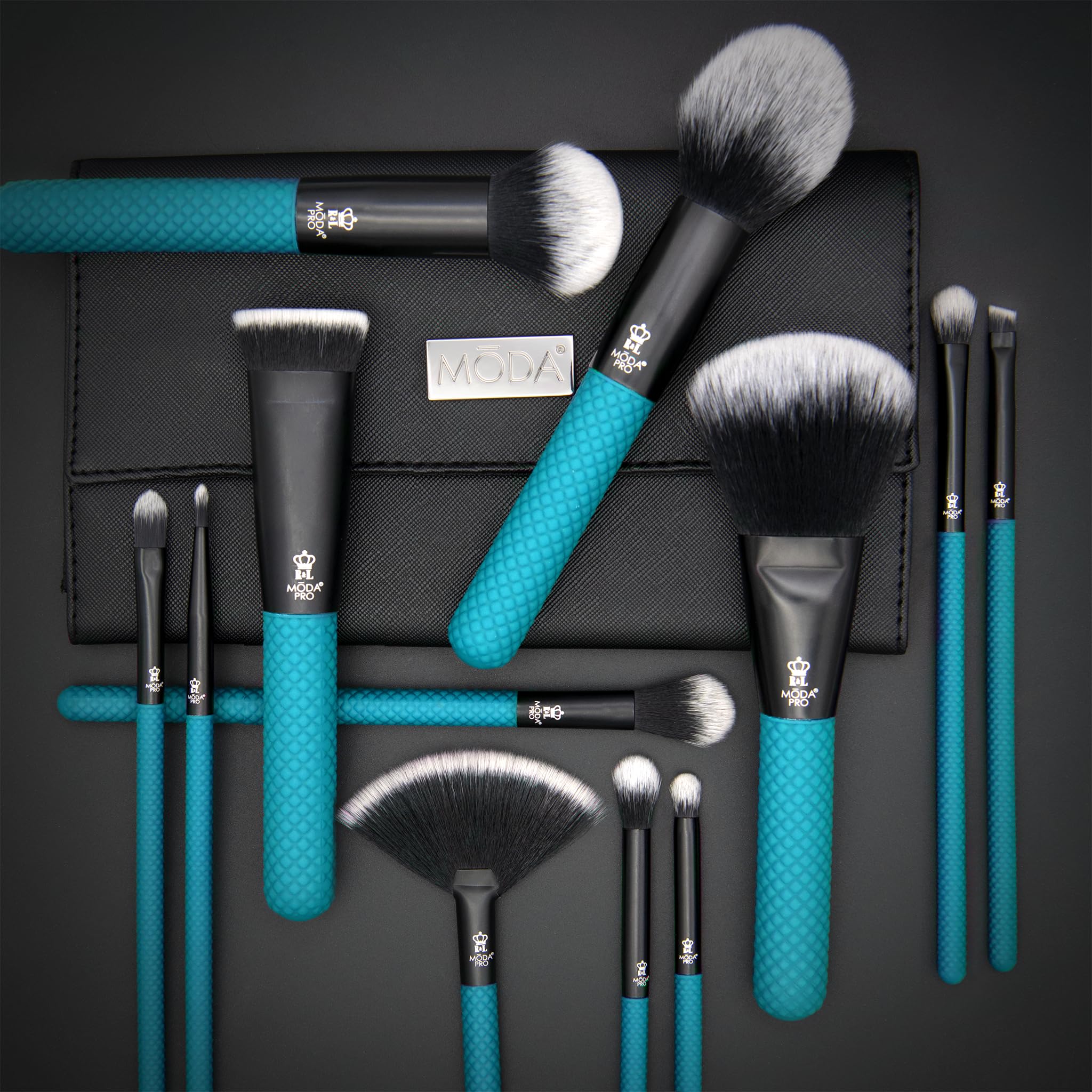 MODA Pro Full Face - Set di 13 pennelli da trucco con custodia da viaggio (verde acqua)