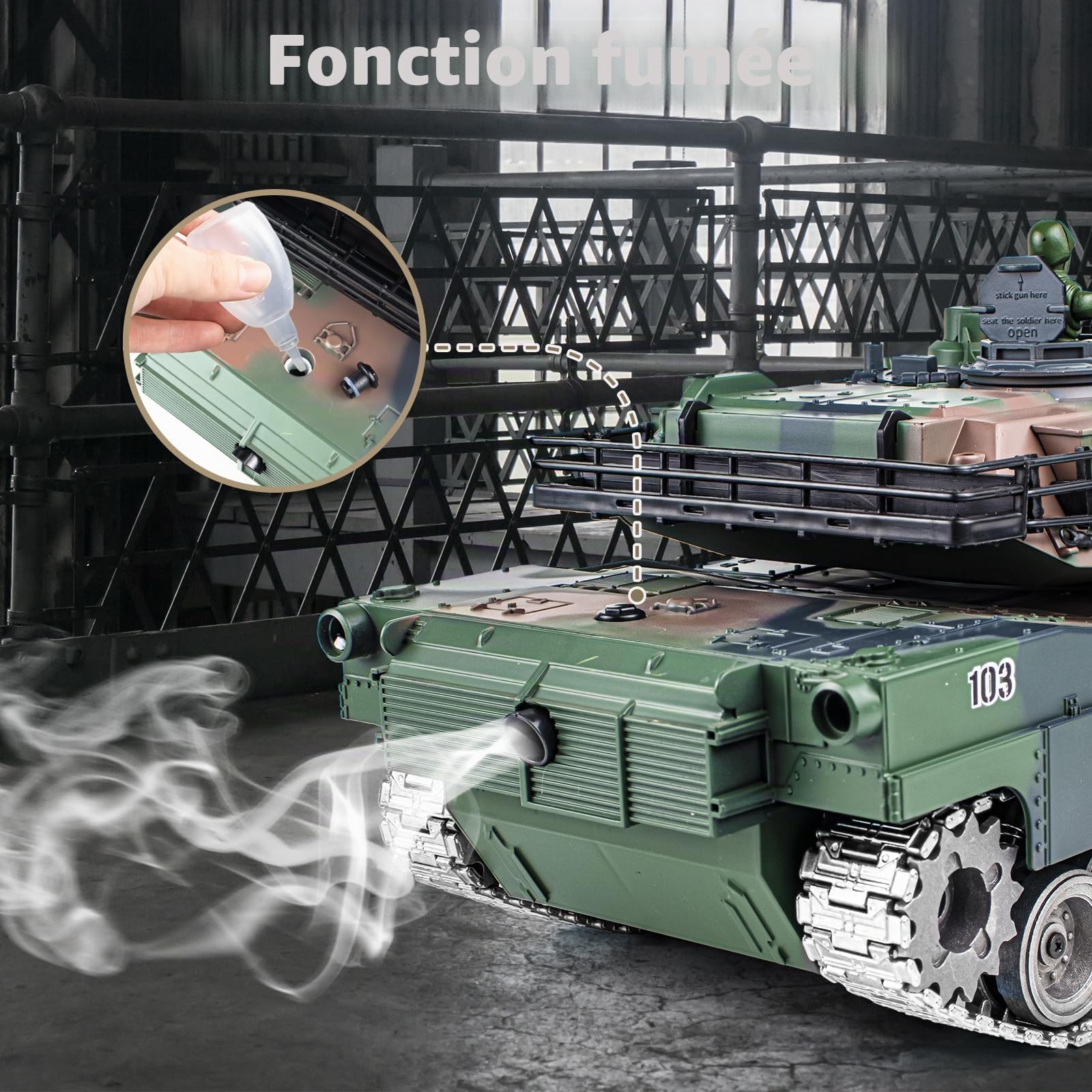 Supdex Tank Telecommande M1A2, RC Char 1/18 Réservoir Télécommandé 2.4Ghz, Maquette Jouets avec Fumée, LumièRes, Réservoir Télécommandé Tir, Sodèle Char de Combat on et Recul pour Enfants et Adultes