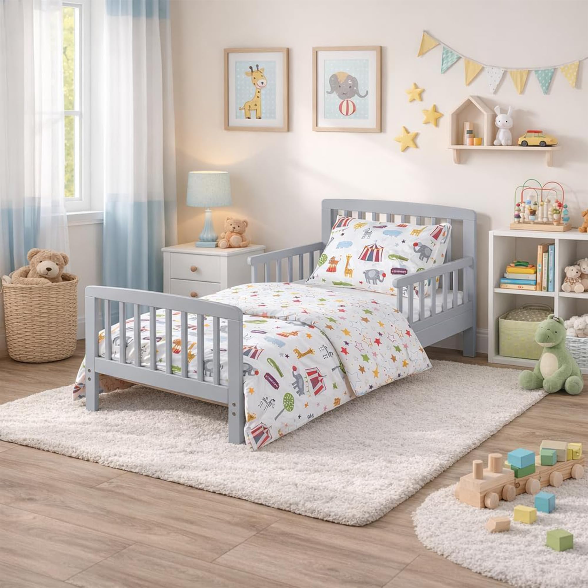 Kinder Valley 5 Piece Kids Grey Toddler Bed Bundle with Kinder Flow Mattress & Circus Friends Reversible Bedding Set | Junior & Children's Bed