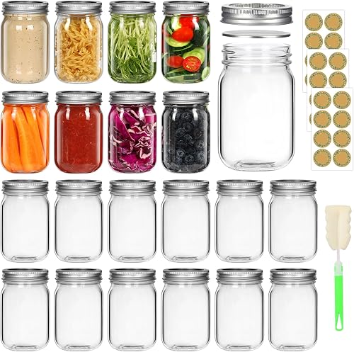 Paquete de 20 tarros Mason de 12 onzas con tapas y bandas, tarros de vidrio de boca regular, tarros de vidrio transparente para enlatar, miel,