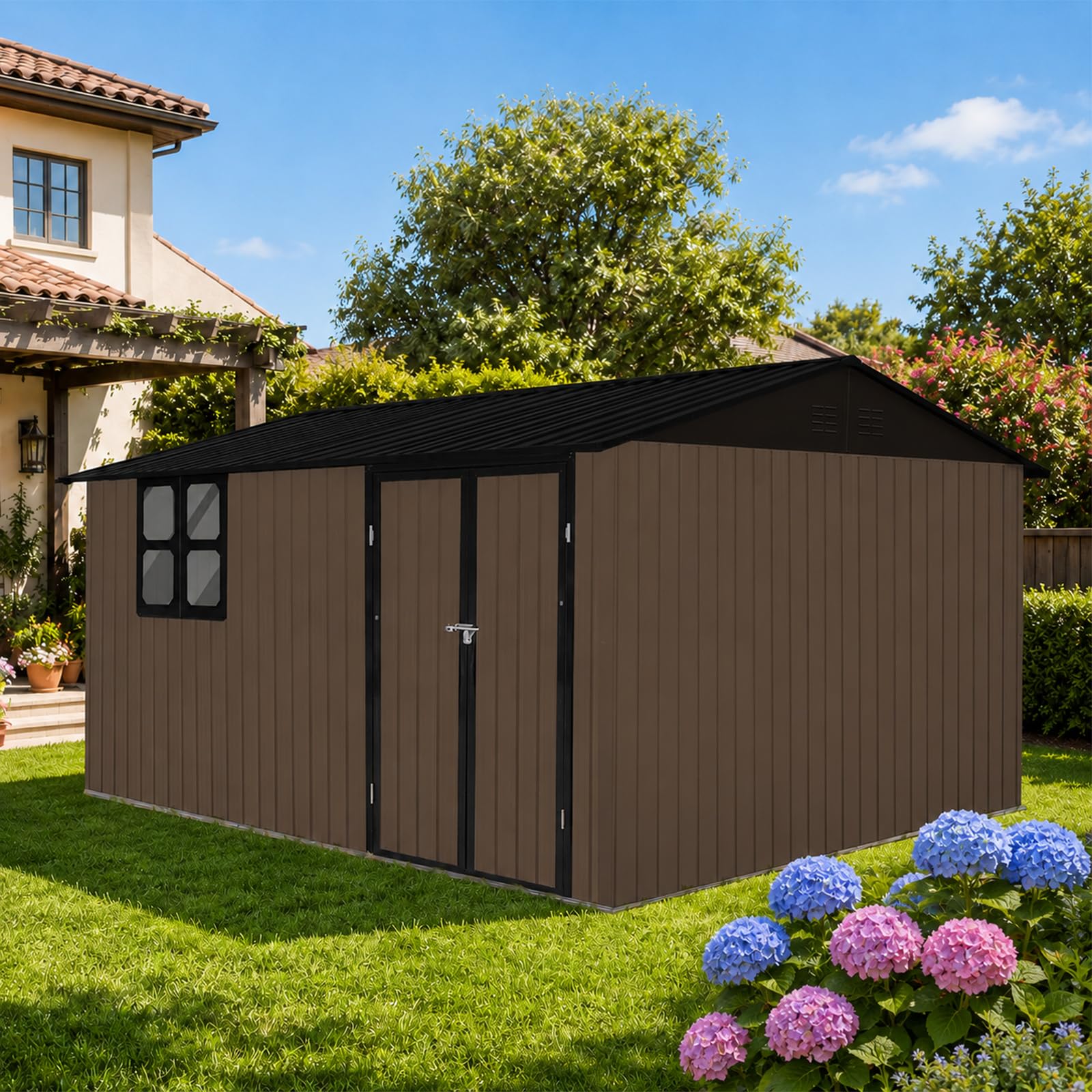 View 1 of ****BOX 1 NAD 2 BUT MISSING BOX #3*** PARTIAL SET*****10x12 FT Outdoor Storage Shed, Large Metal Garden Shed with 4-pane Window, Outside Tool Shed with Lockable Hinged Door & 4 Air Vents, Waterproof Storage Building for Backyard, Patio, Lawn, Brown+Black