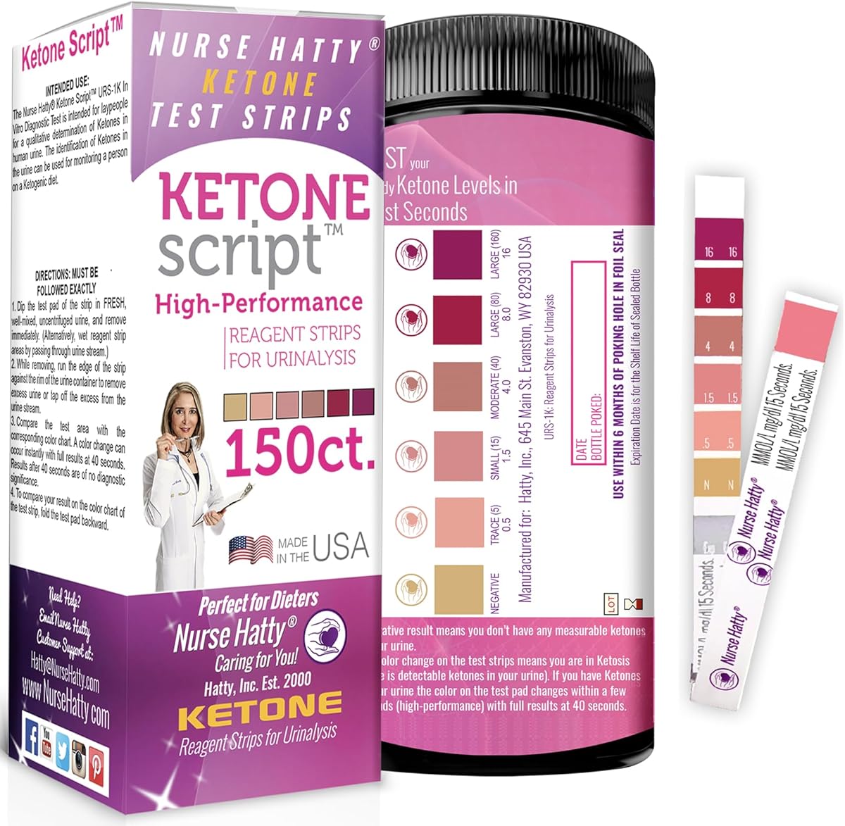 Nurse Hatty 150 - The ORIGINAL - Performance-tested - USA-made Ketone Test Strip w Built-in Color Chart – Free Keto eBook & App - Urine Test for Ketogenic, Ketosis, Low Carb, Atkins & Paleo Diets – XL
