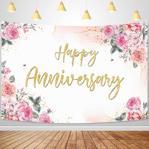 Decoración de telón de fondo de feliz aniversario, diseño floral rosa, decoraciones temáticas de fiesta de aniversario de boda para parejas, hombres