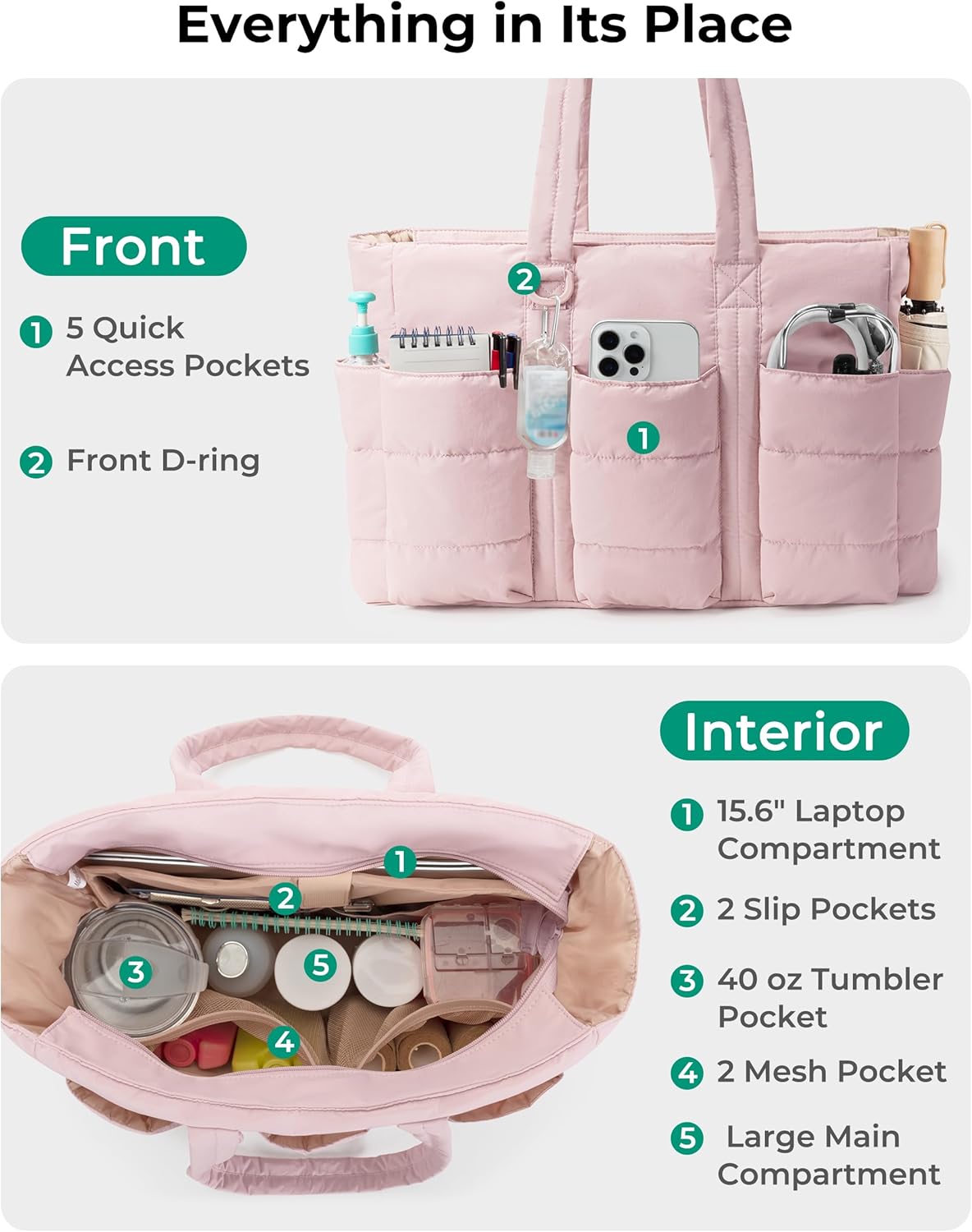 Fasrom Puffer Nurse Tote Bag for Work, Lightweight Nursing Bags with Multi-Pockets, Quilted Clinical Tote for Women Nurses