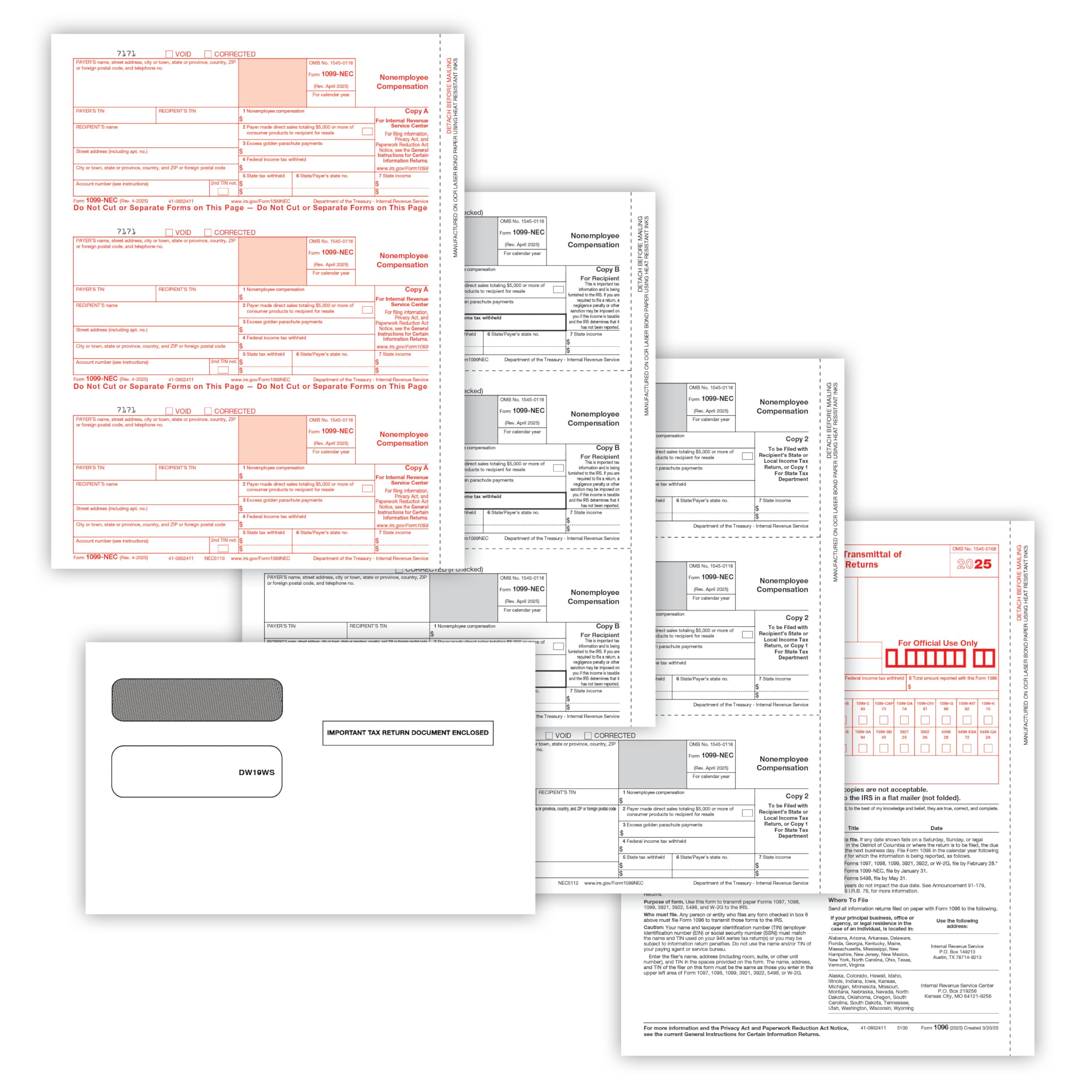 ComplyRight 1099-NEC 3-Part, 3-Up, Tax Forms Set with Self-Seal Envelopes (50 Recipients), Tax Filing Supplies