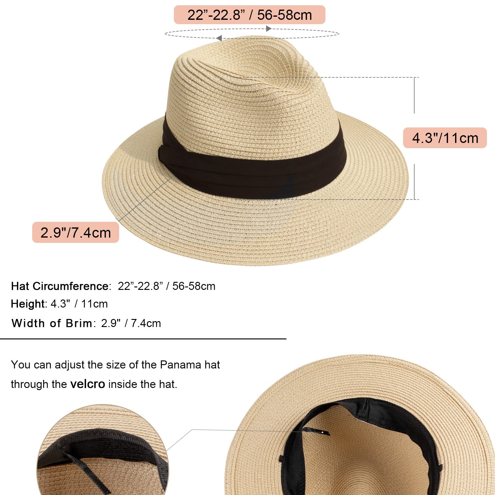 DRESHOW Donna Cappello Panama Cappello da Spiaggia in Paglia Fedora Cappello Arrotolato in Paglia a Tesa Larga Cappelli Panama UPF 50+