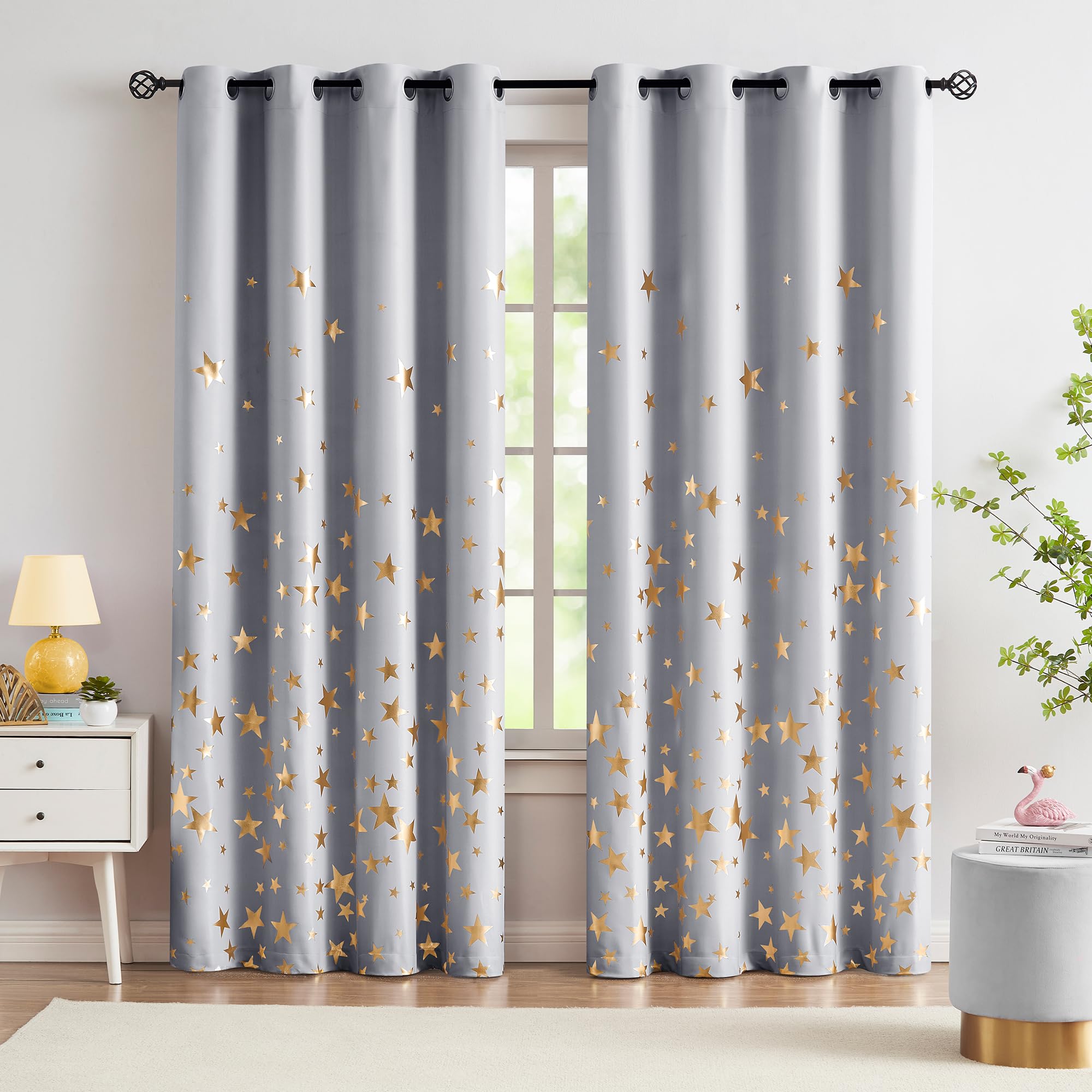 Treatmentex Grey Gold Blackout Curtains for Living Room 90 inch Drop Eyelet Curtains for Bedroom Star Geometric Foil Thermal Insulated Window Curtain Panels 2 Panels