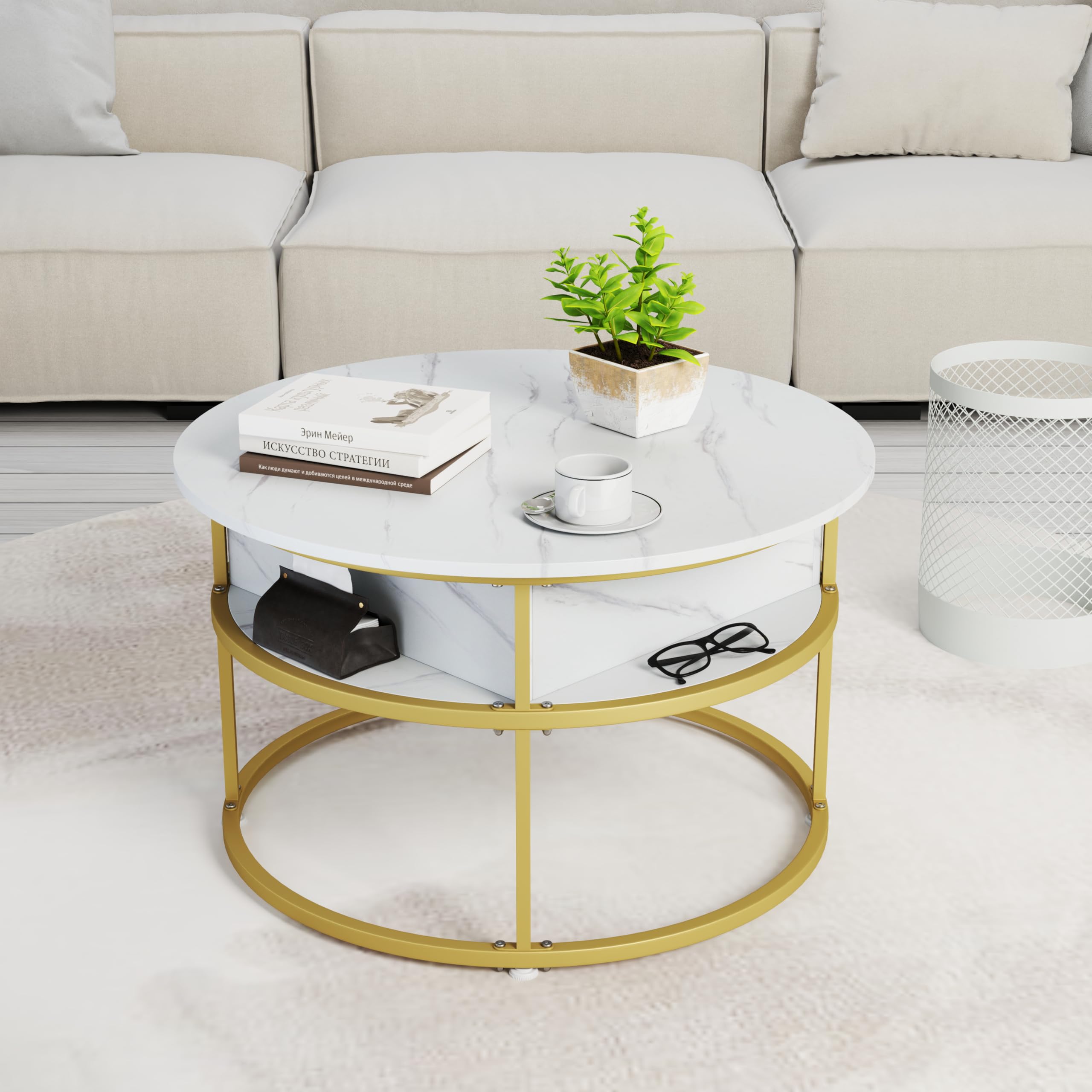 LIFEZEAL Tavolino Salotto Rotondo Sollevabile, Dorato, Oro e Bianco, Effetto di Marmo, Tavolino da Caffè, Divano, Tavolo Soggiorno, con Vano Portaoggetti, in Legno, Metallo, Ø80x49-63cm, Max 80kg