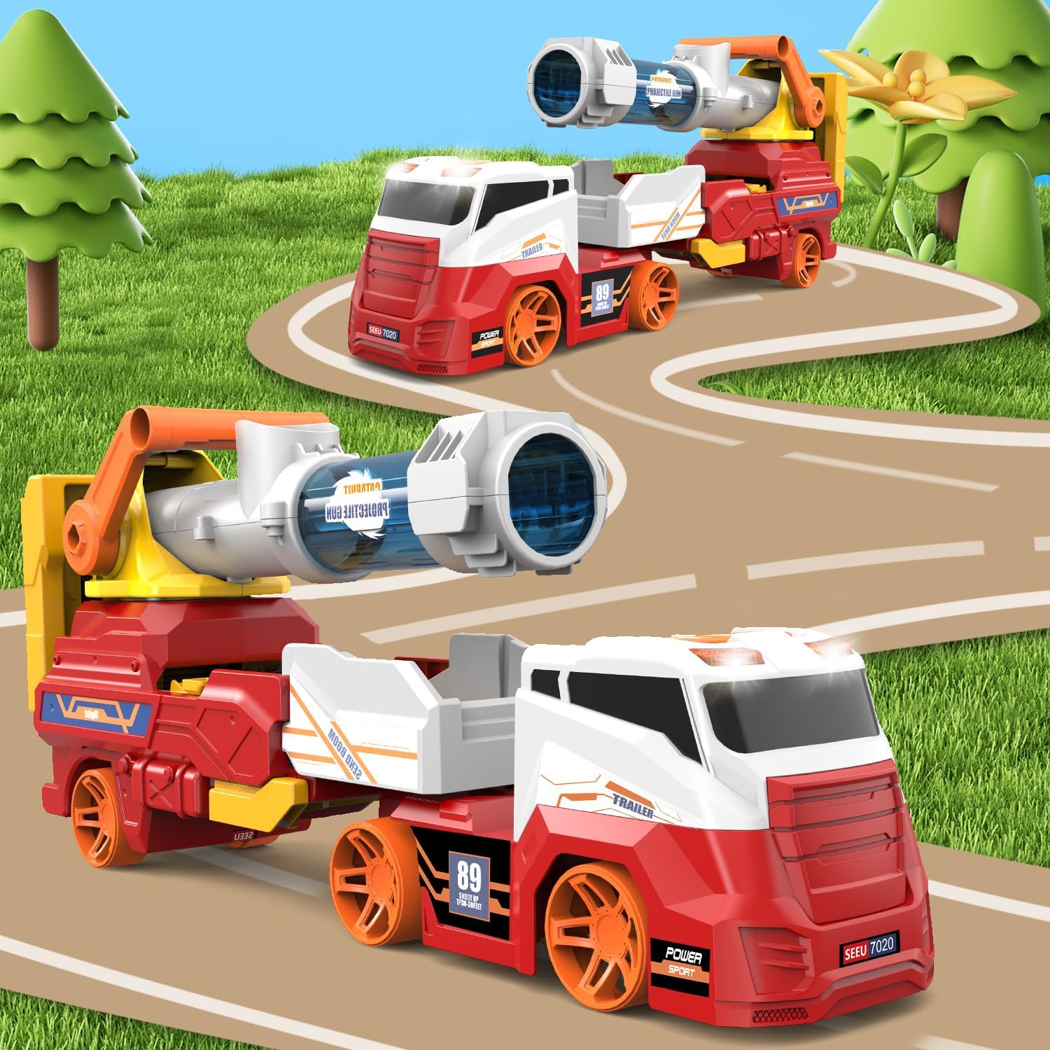 Dwi Dowellin Truck Toys for Kids, 28" Large Car Toys Include 4 Racing Cars+6 Ball, with Light & Sounds, Eejection&Shooting Transport Cars Toy, Gifts for Boys Girls-RED