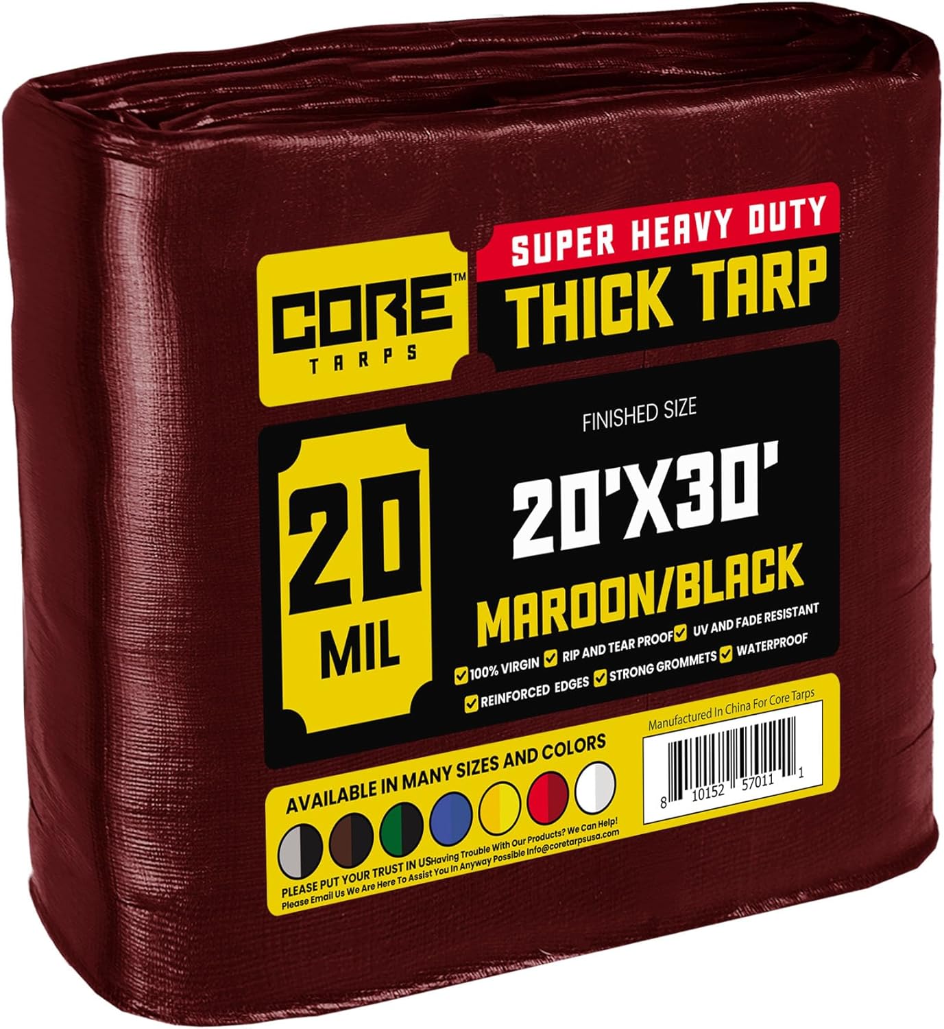 Core Tarps Extreme Heavy Duty 20 Mil Tarp Cover, Waterproof, UV Resistant, Rip and Tear Proof, Poly Tarpaulin with Reinforced Edges for Roof, Camping, Patio, Pool, Boat (Maroon/Black 20 X 30)