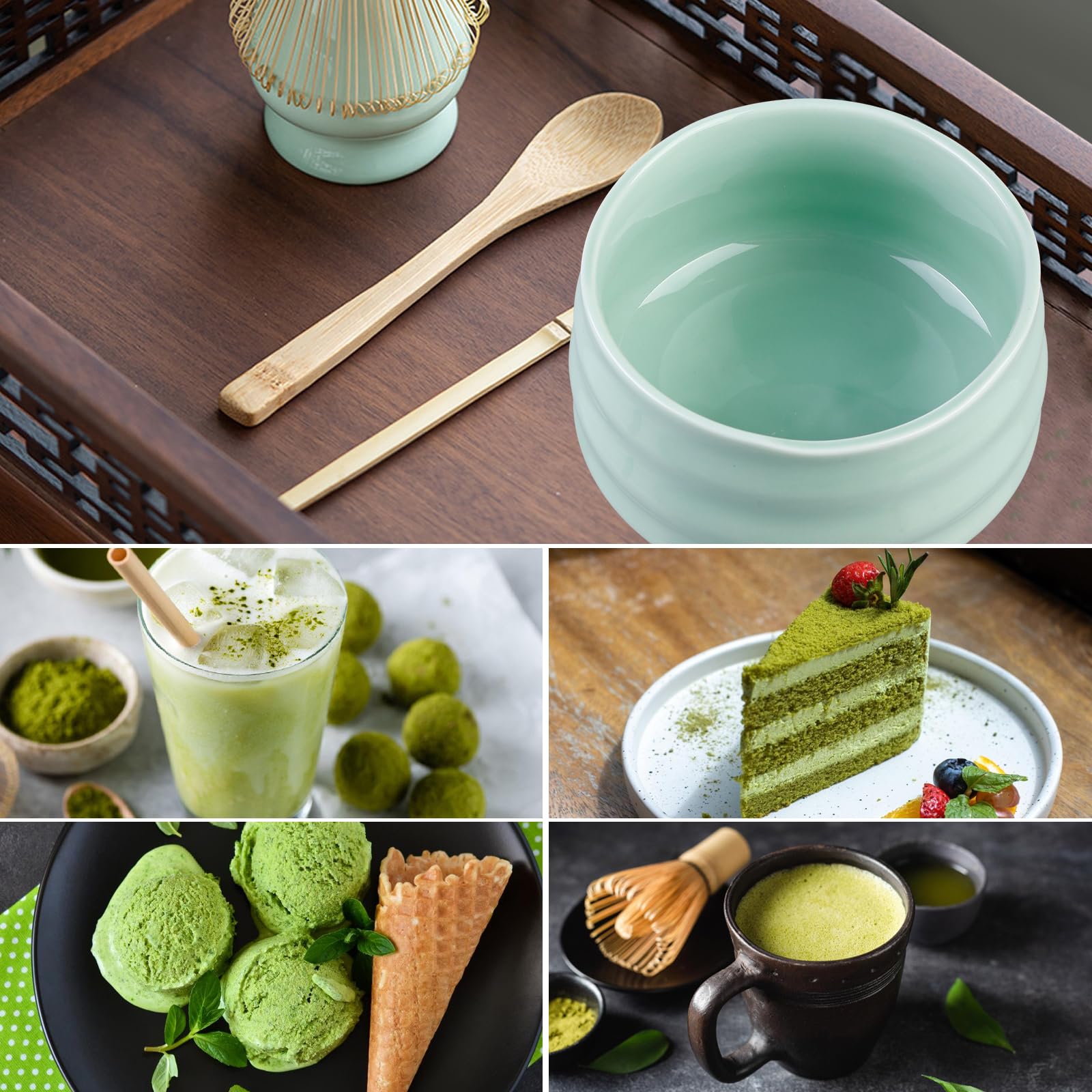 Kit Matcha Japonais 5 Pièces - Ensemble Cérémonie Thé Matcha Avec Fouet Bambou, Bol Céramique, Cuillère Et Support - Vert